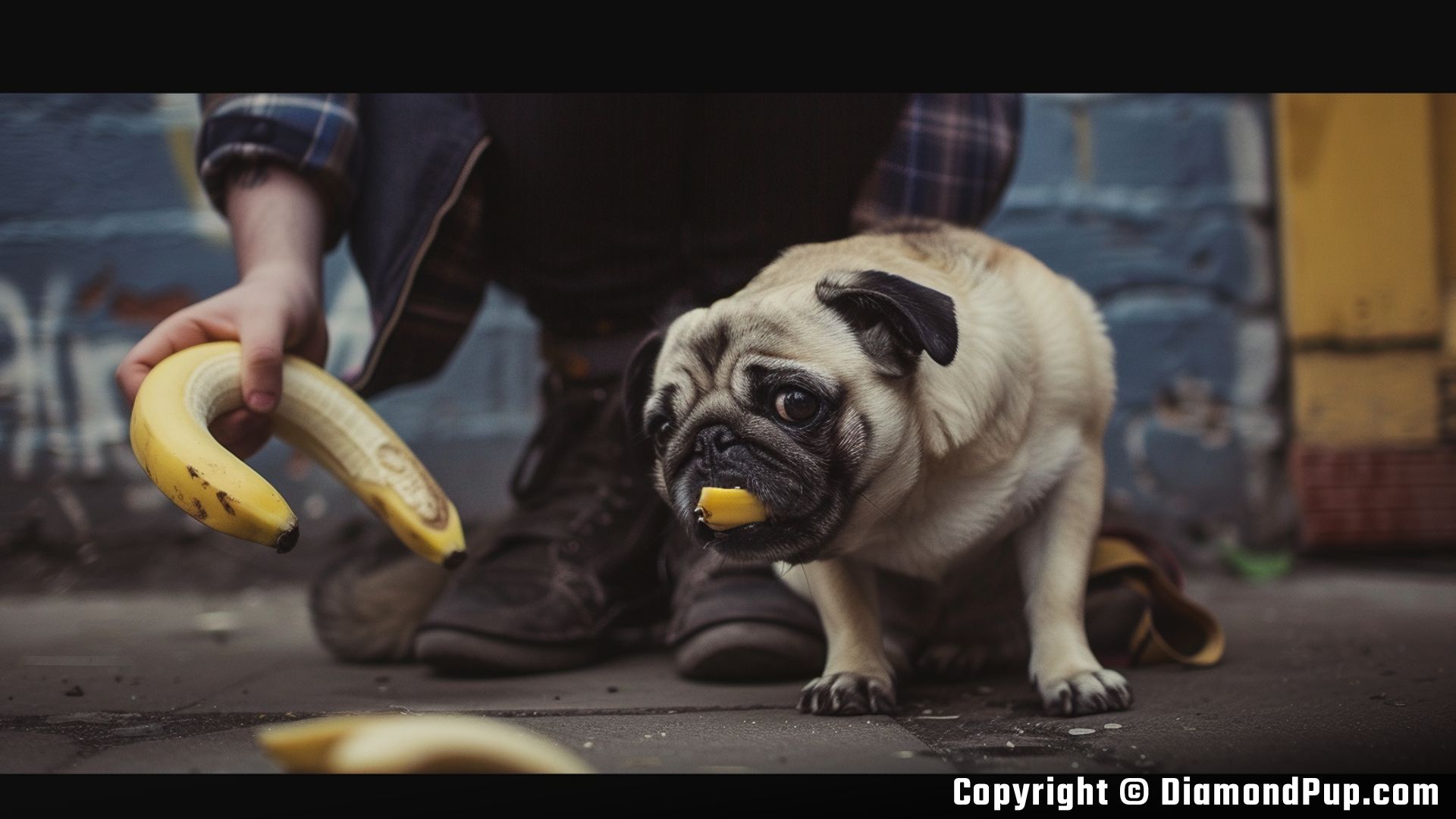 Photo of a Playful Pug Snacking on Banana