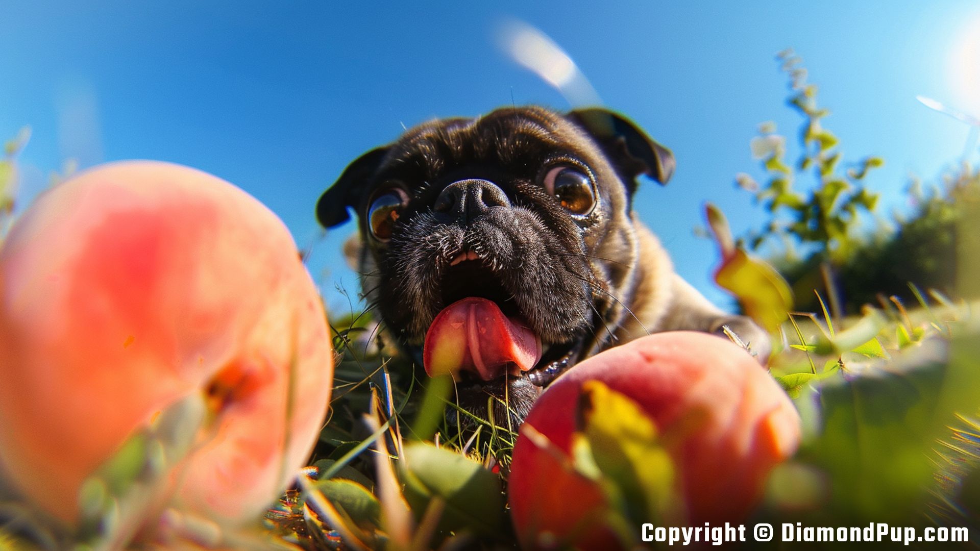 Photo of a Playful Pug Snacking on Peaches