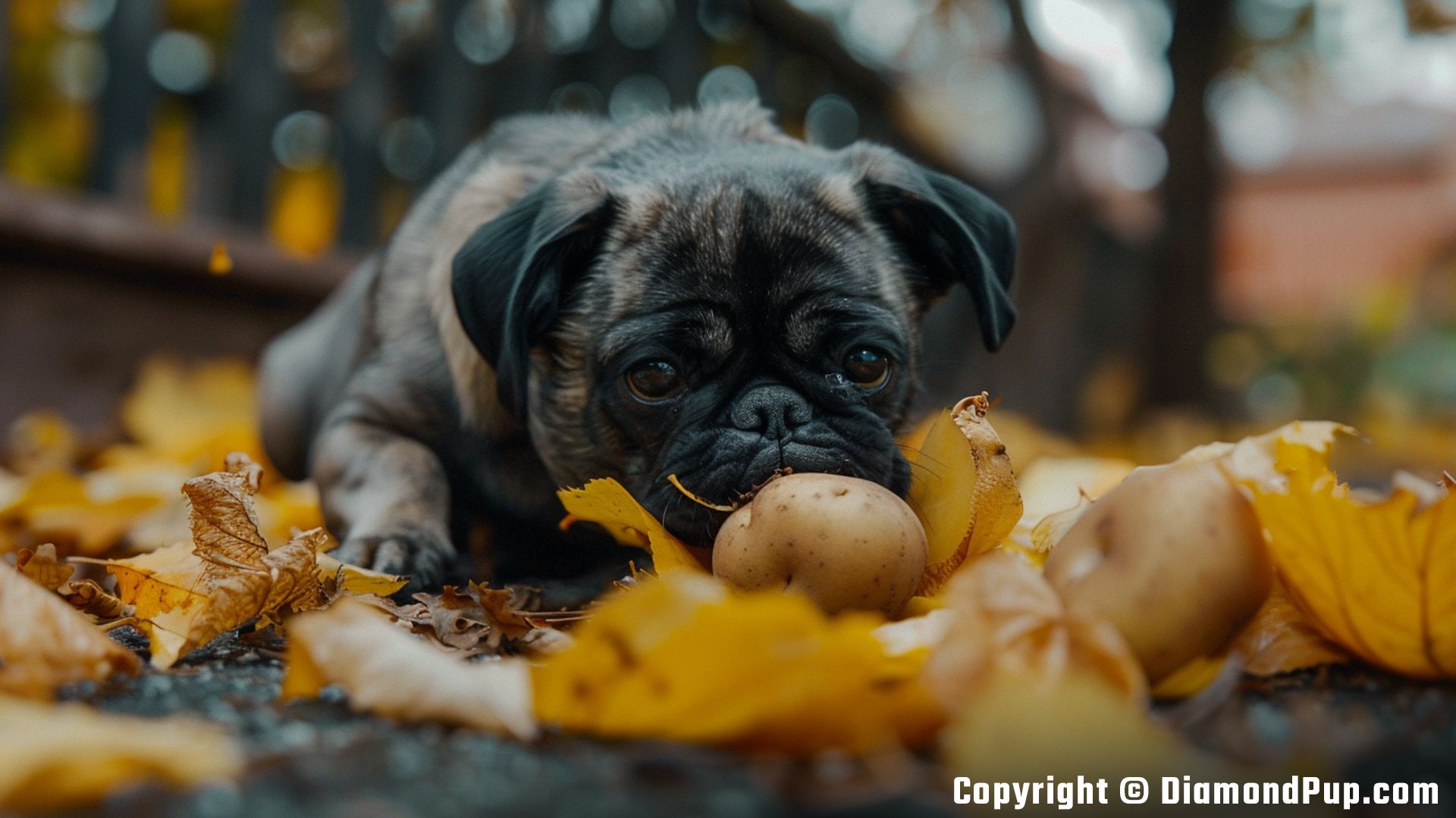 Photo of a Playful Pug Snacking on Potato