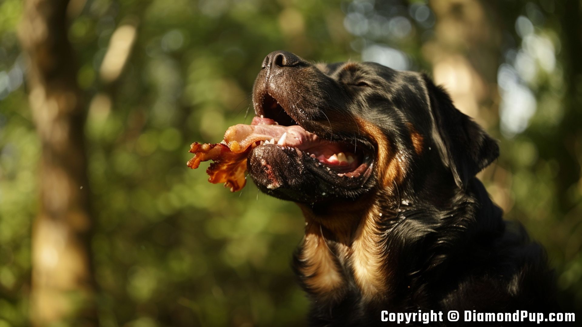 Photo of a Playful Rottweiler Eating Bacon