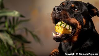 Photo of a Playful Rottweiler Snacking on Pineapple