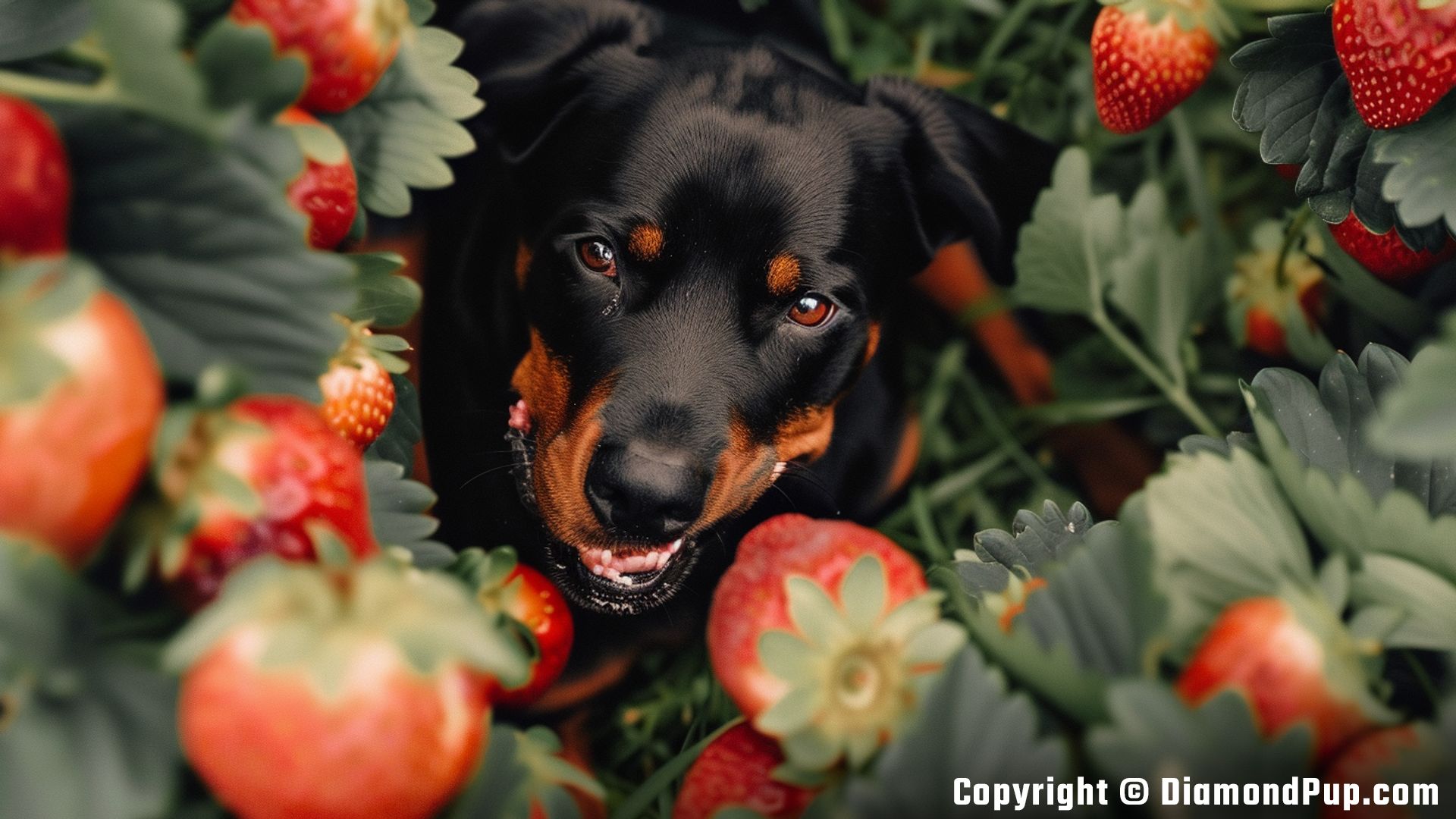 Photo of a Playful Rottweiler Snacking on Strawberries