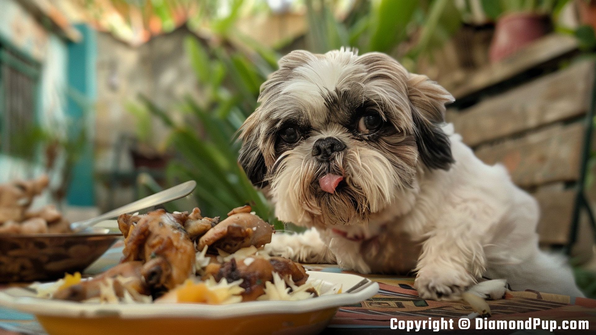 Photo of a Playful Shih Tzu Eating Chicken