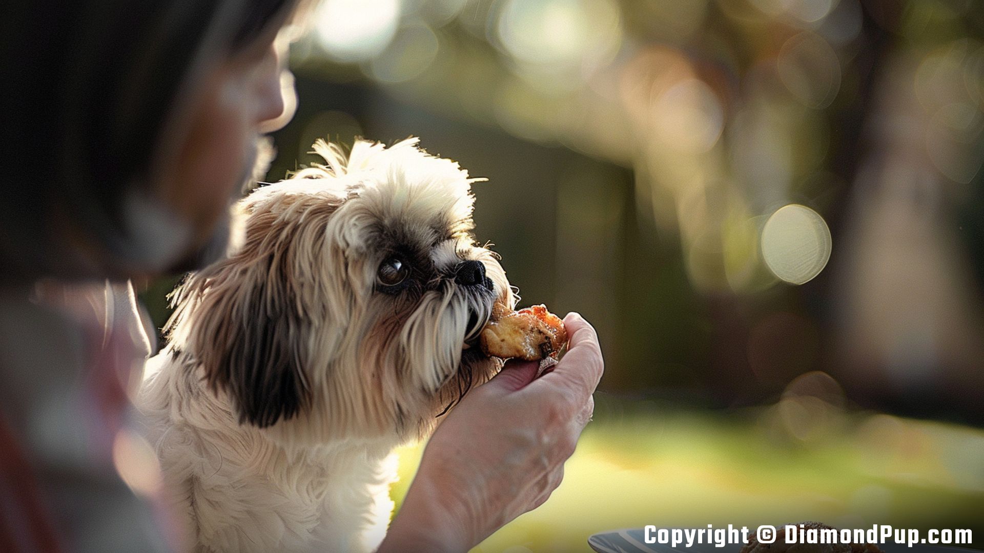 Photo of a Playful Shih Tzu Snacking on Chicken