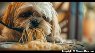 Photo of a Playful Shih Tzu Snacking on Pasta
