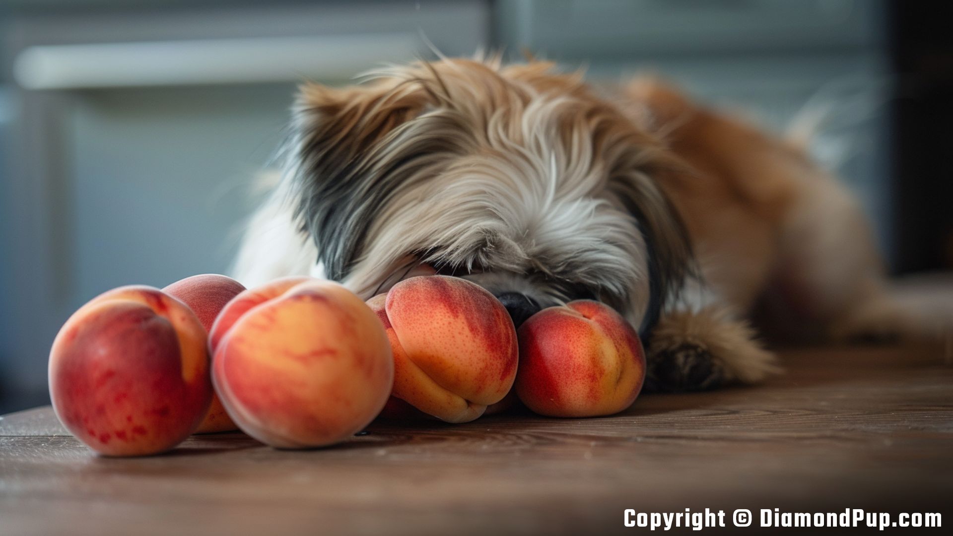 Photo of a Playful Shih Tzu Snacking on Peaches