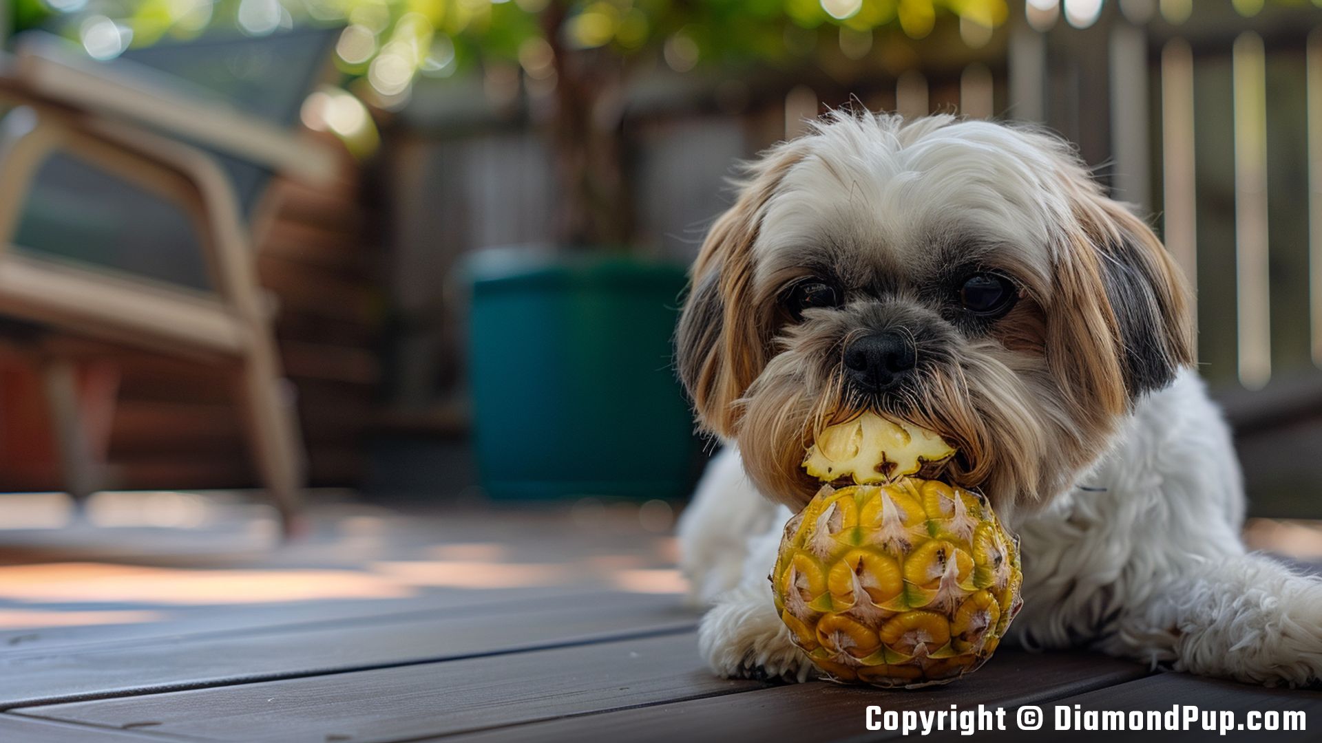 Photo of a Playful Shih Tzu Snacking on Pineapple