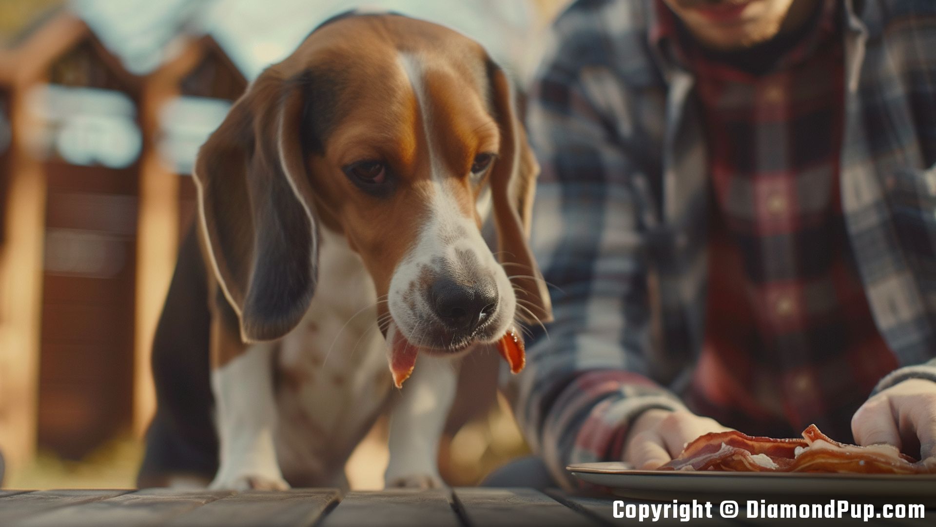 Photo of an Adorable Beagle Eating Bacon