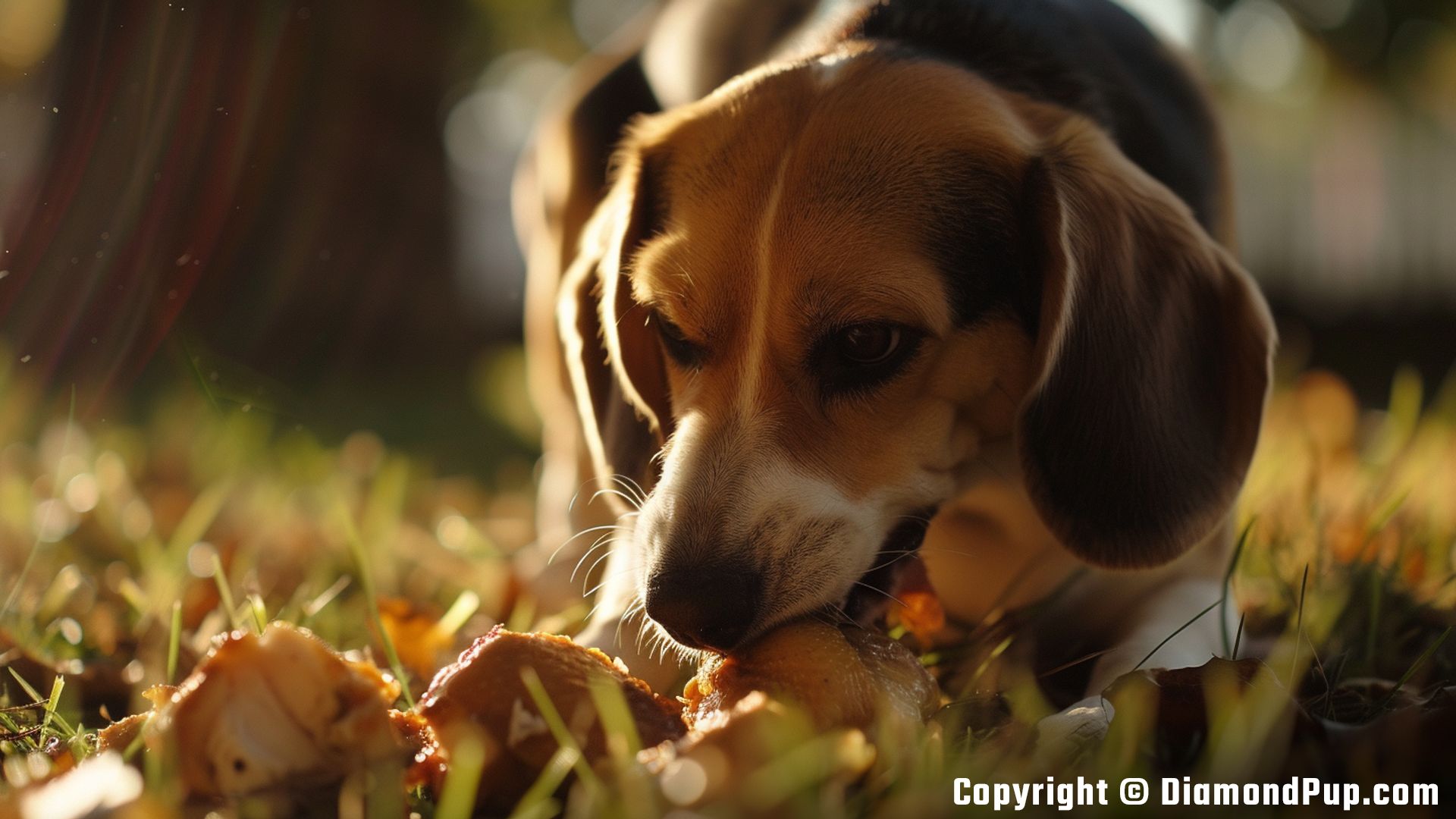 Photo of an Adorable Beagle Snacking on Chicken