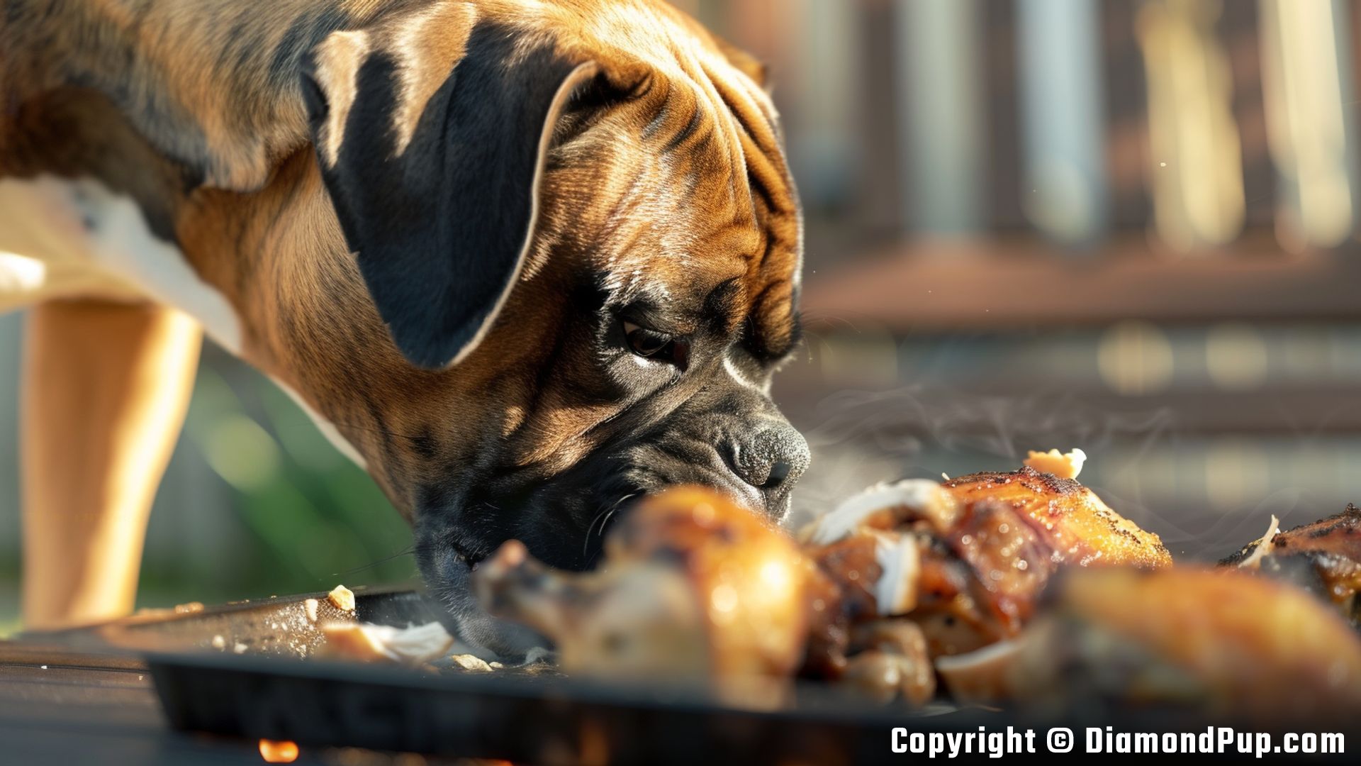Photo of an Adorable Boxer Snacking on Chicken