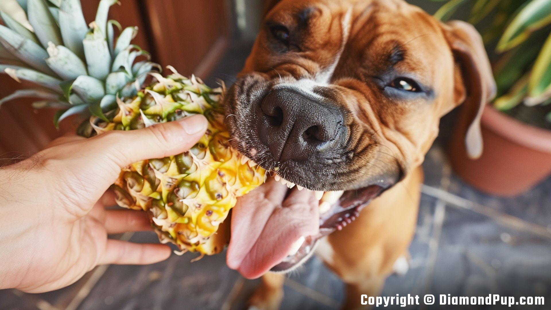 Photo of an Adorable Boxer Snacking on Pineapple