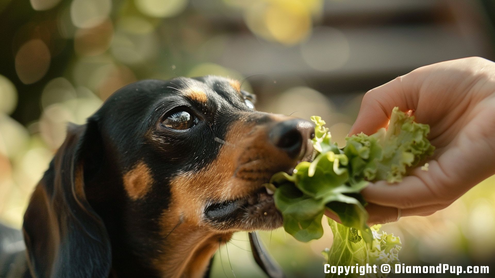 Photo of an Adorable Dachshund Eating Lettuce