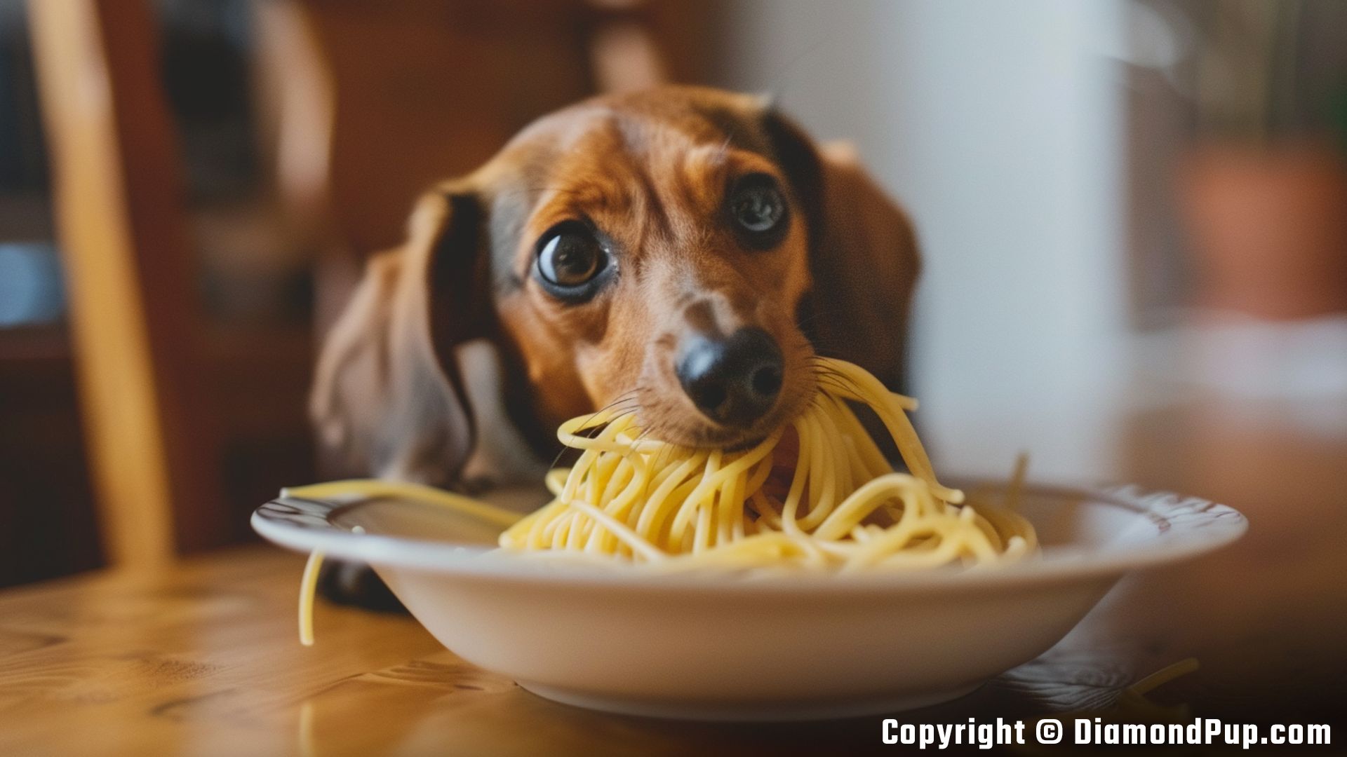 Photo of an Adorable Dachshund Eating Pasta