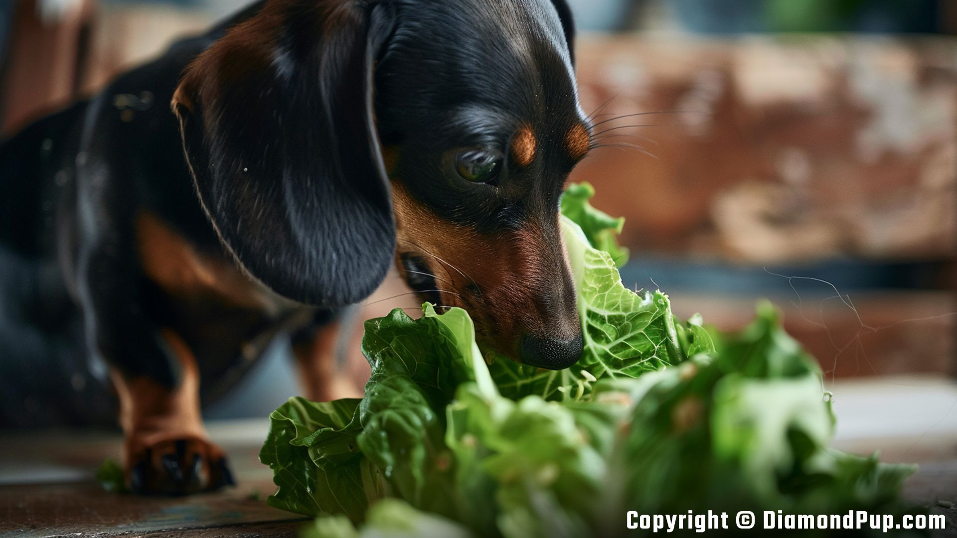 Photo of an Adorable Dachshund Snacking on Lettuce