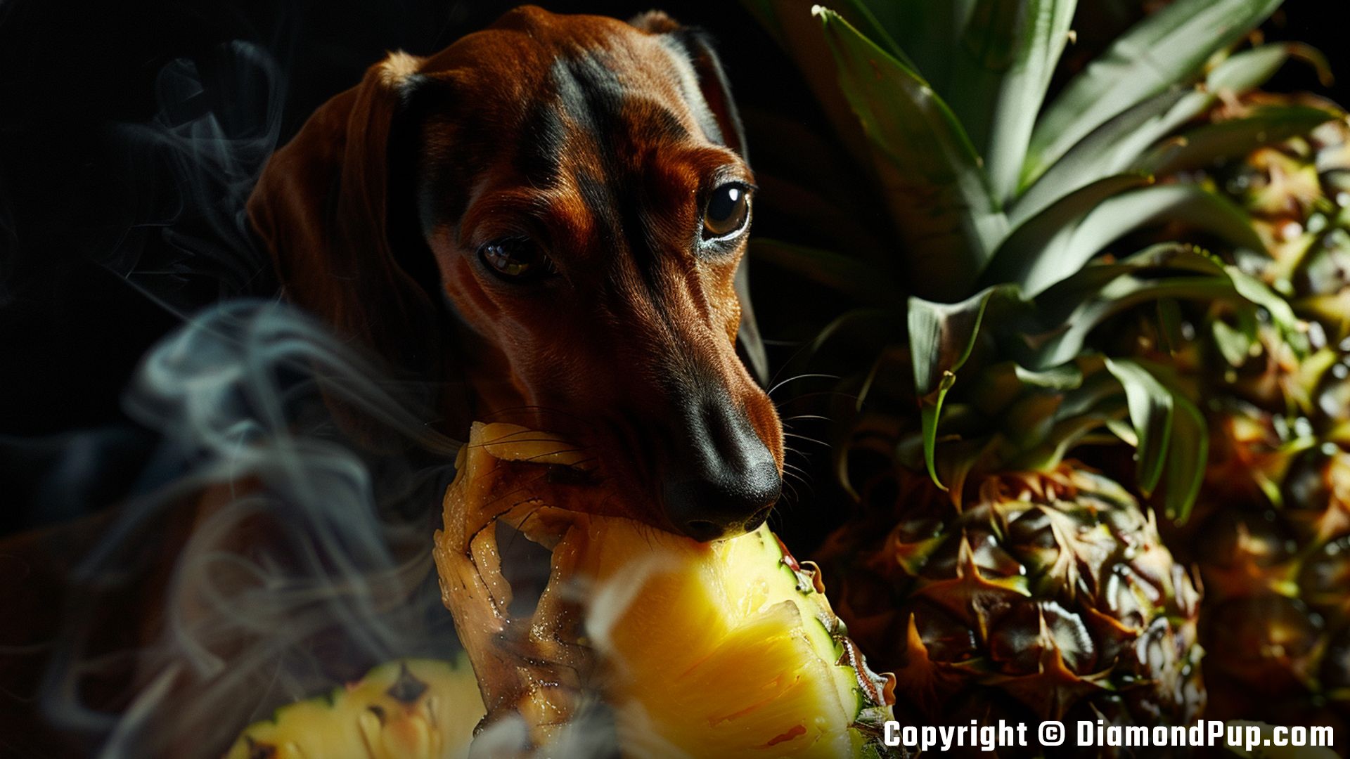 Photo of an Adorable Dachshund Snacking on Pineapple