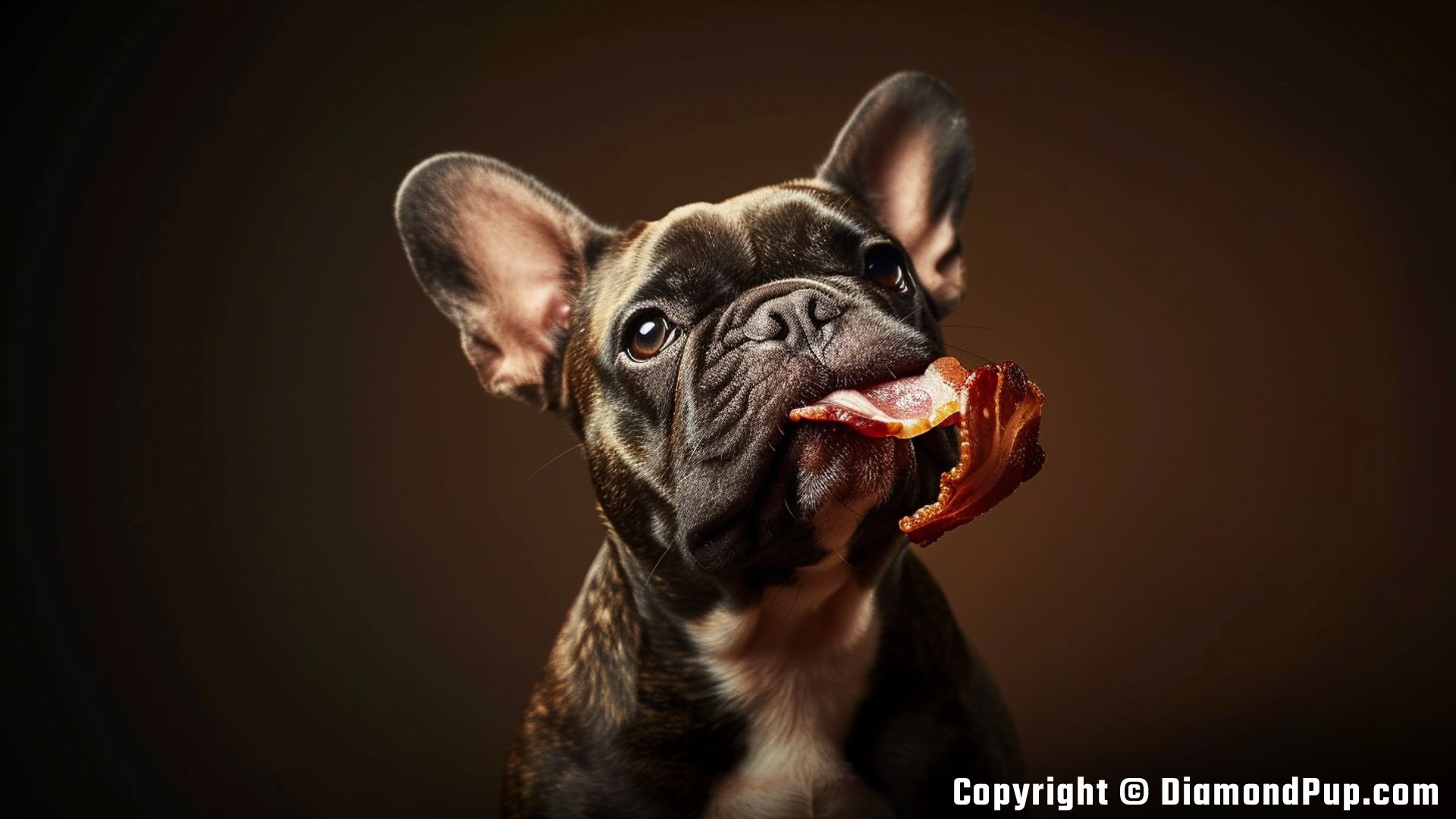 Photo of an Adorable French Bulldog Eating Bacon