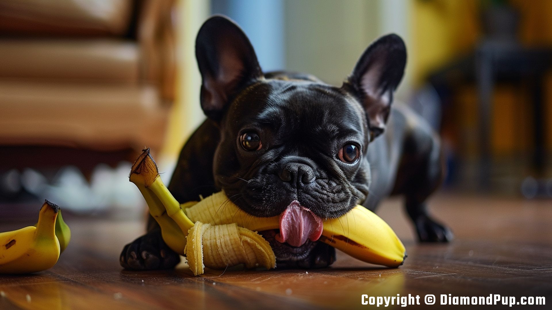 Photo of an Adorable French Bulldog Eating Banana