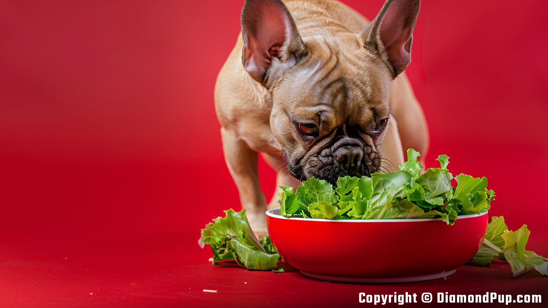Photo of an Adorable French Bulldog Eating Lettuce