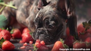 Photo of an Adorable French Bulldog Eating Strawberries
