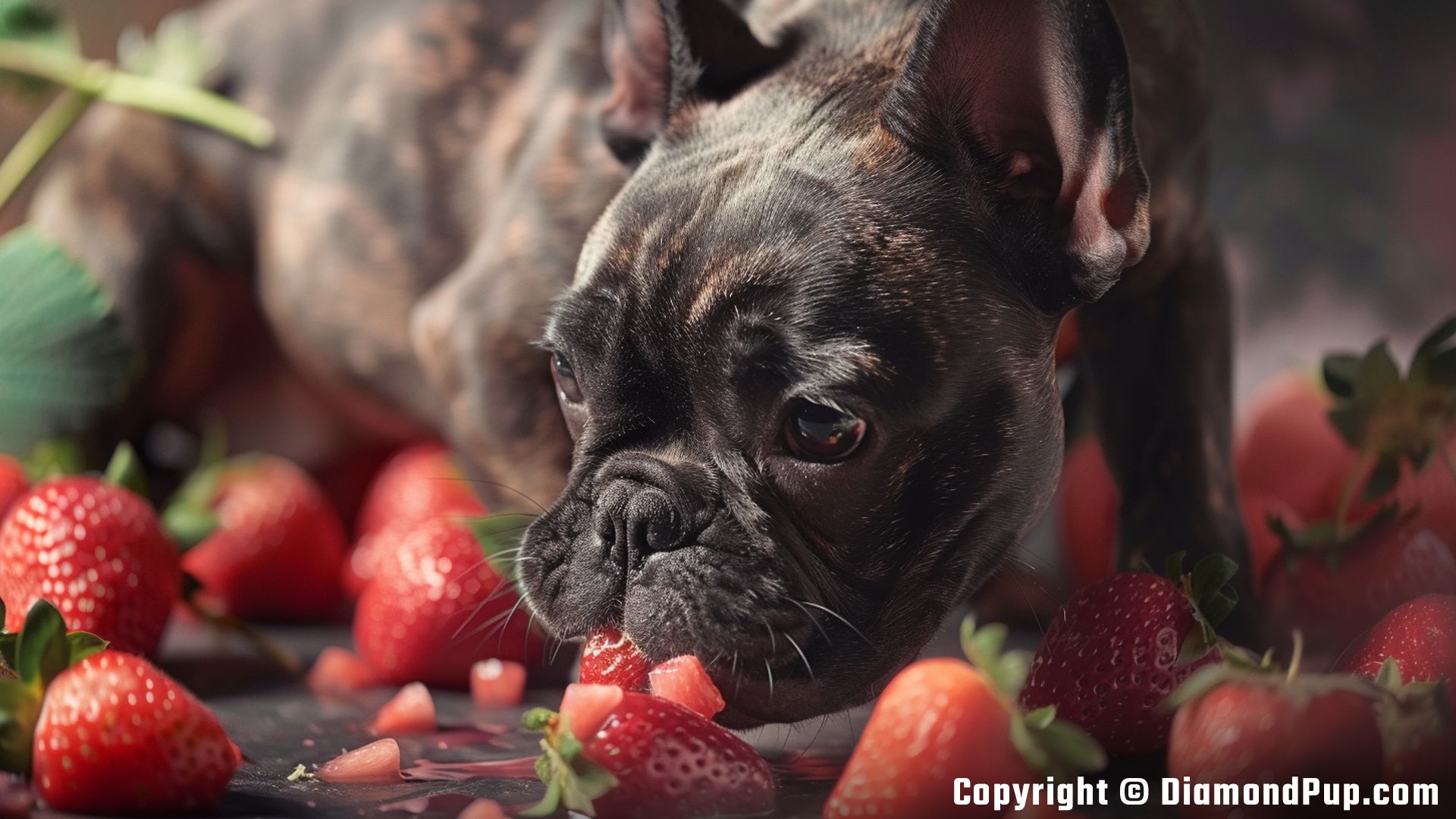 Photo of an Adorable French Bulldog Eating Strawberries
