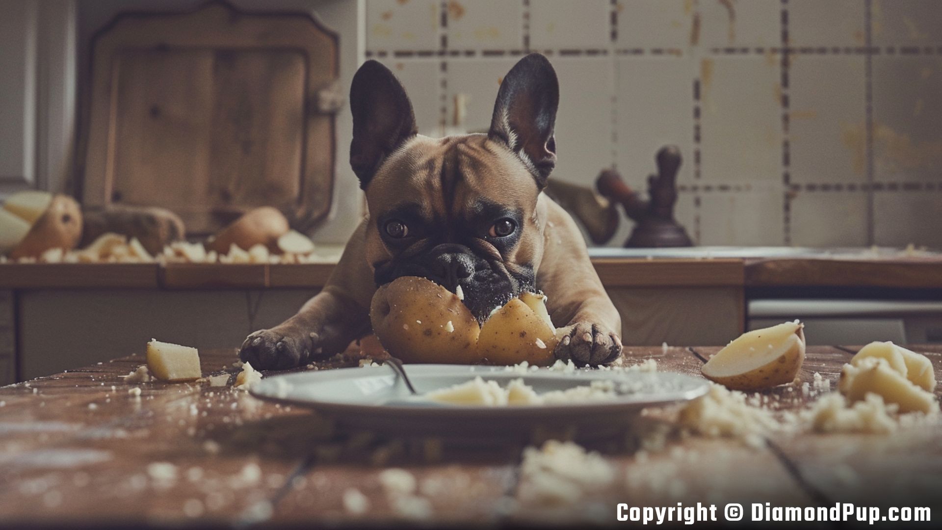 Photo of an Adorable French Bulldog Snacking on Potato