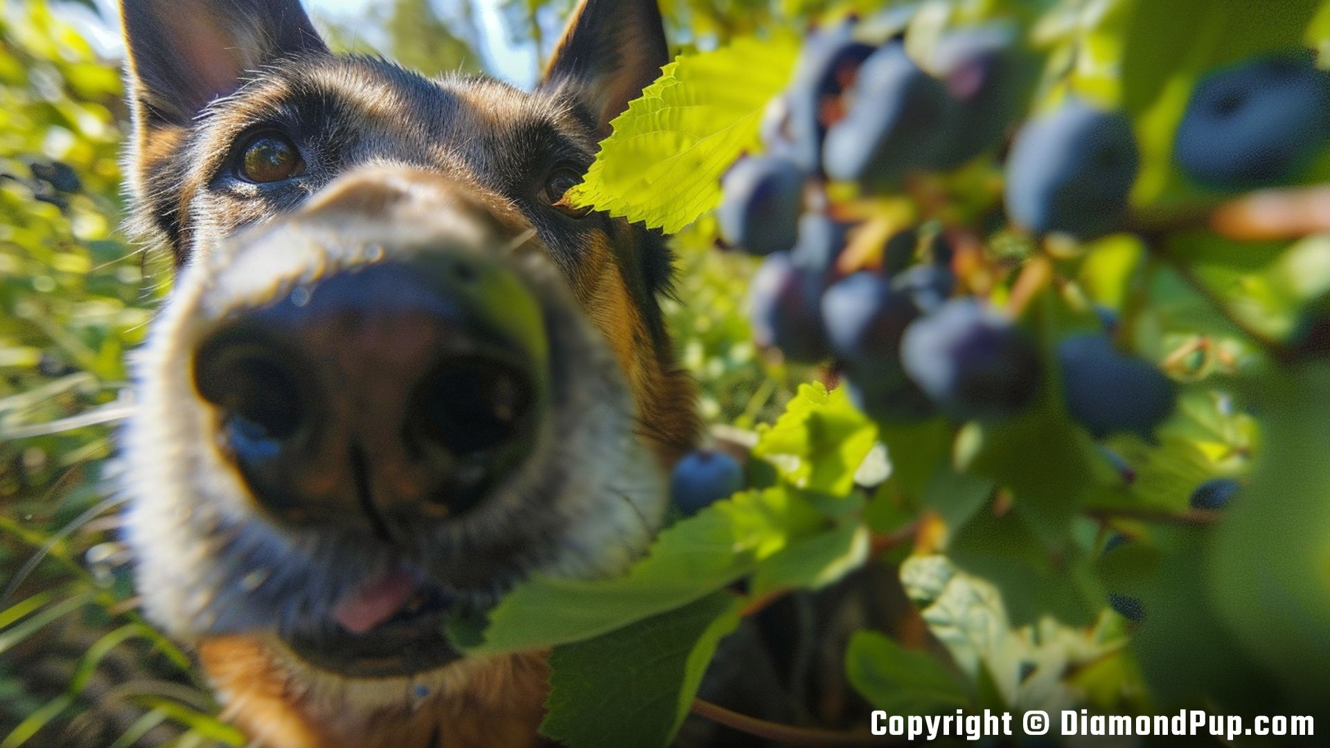 Photo of an Adorable German Shepherd Eating Blueberries
