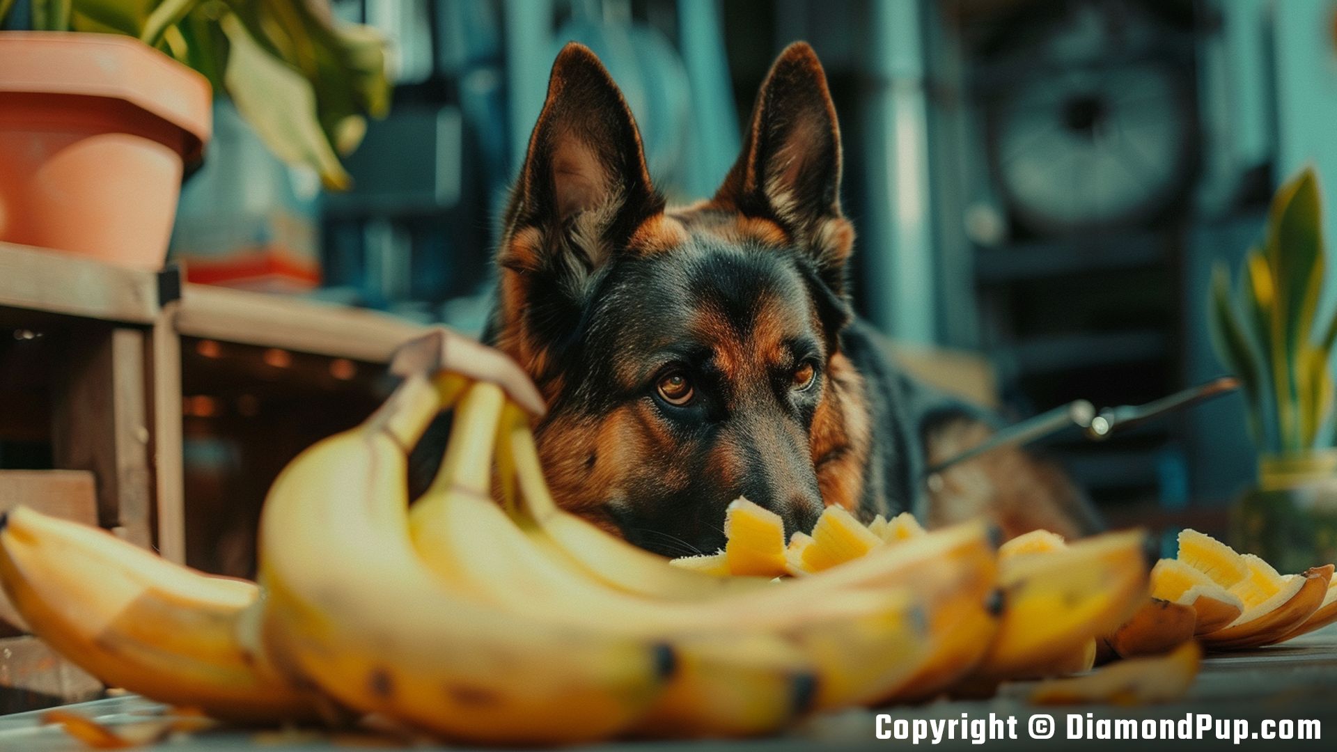 Photo of an Adorable German Shepherd Snacking on Banana