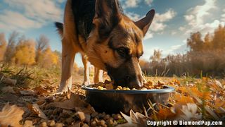 Photo of an Adorable German Shepherd Snacking on Chicken