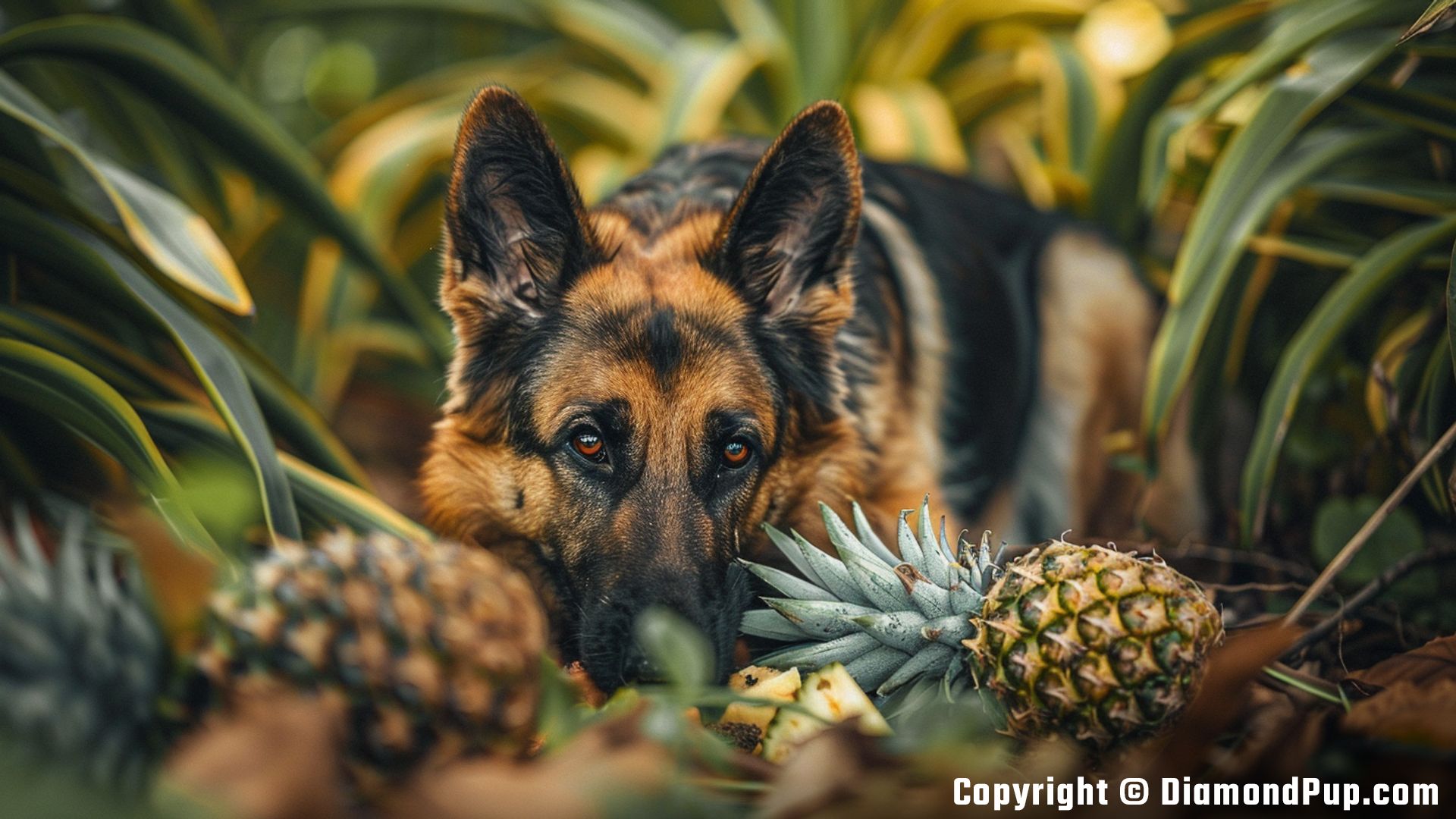 Photo of an Adorable German Shepherd Snacking on Pineapple
