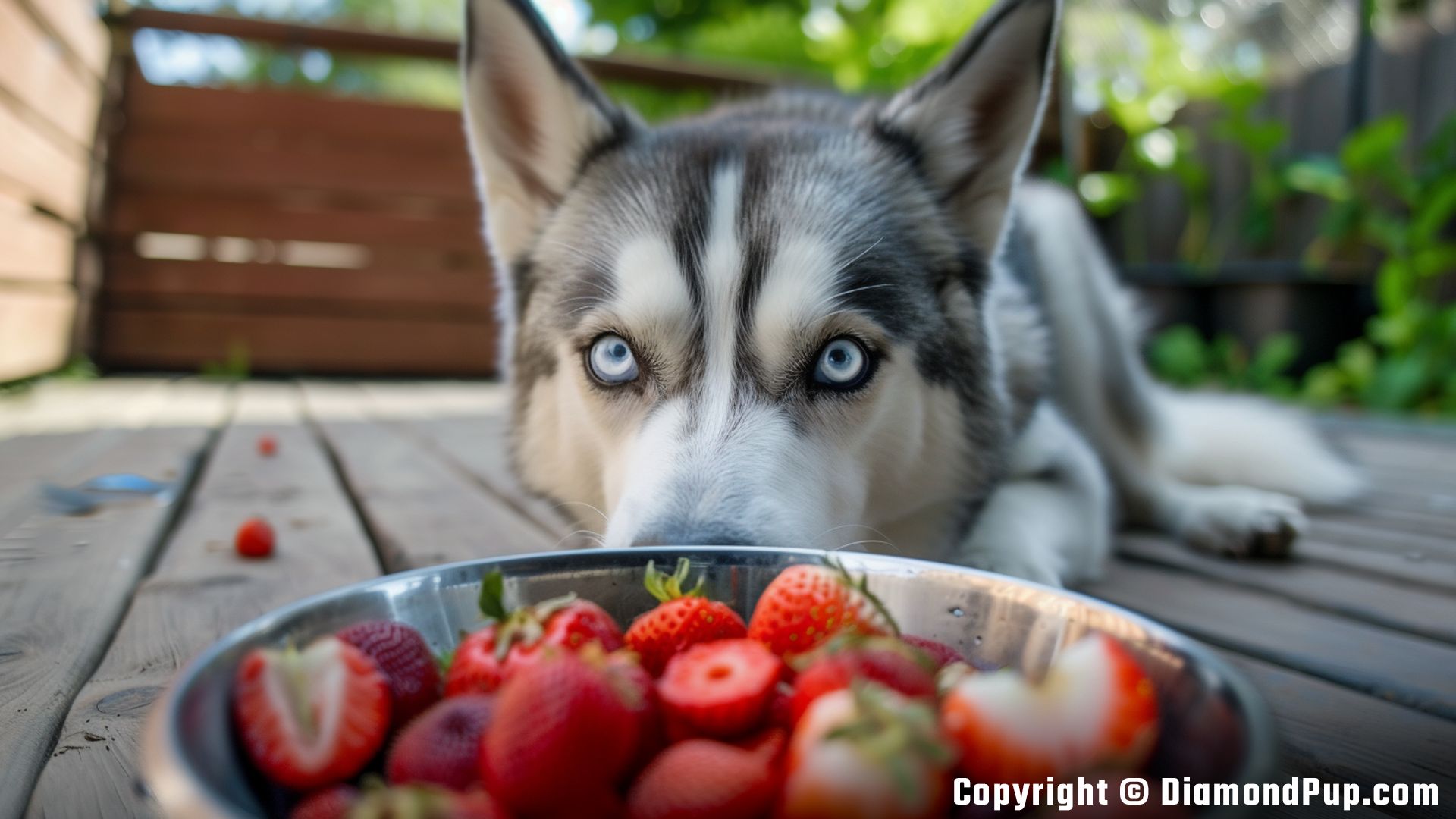 Photo of an Adorable Husky Eating Strawberries