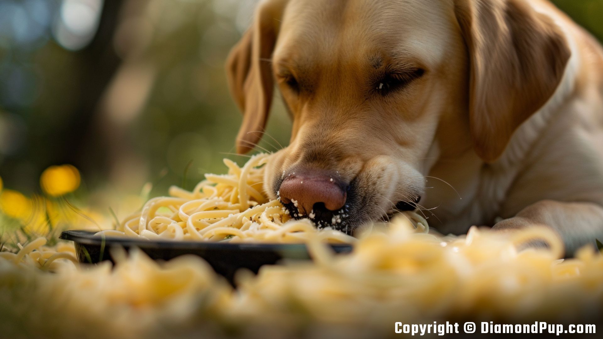 Photo of an Adorable Labrador Snacking on Pasta
