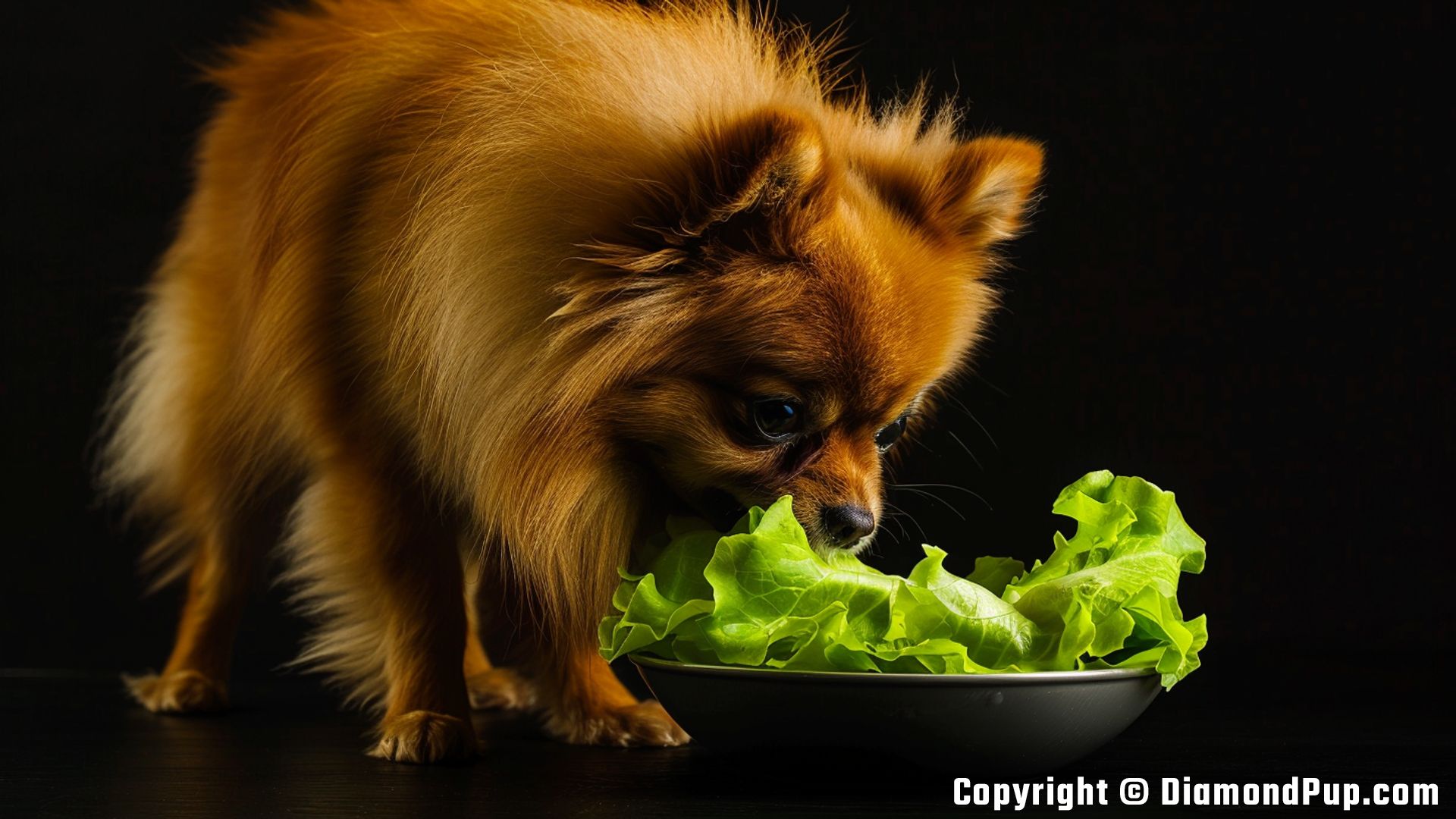 Photo of an Adorable Pomeranian Eating Lettuce