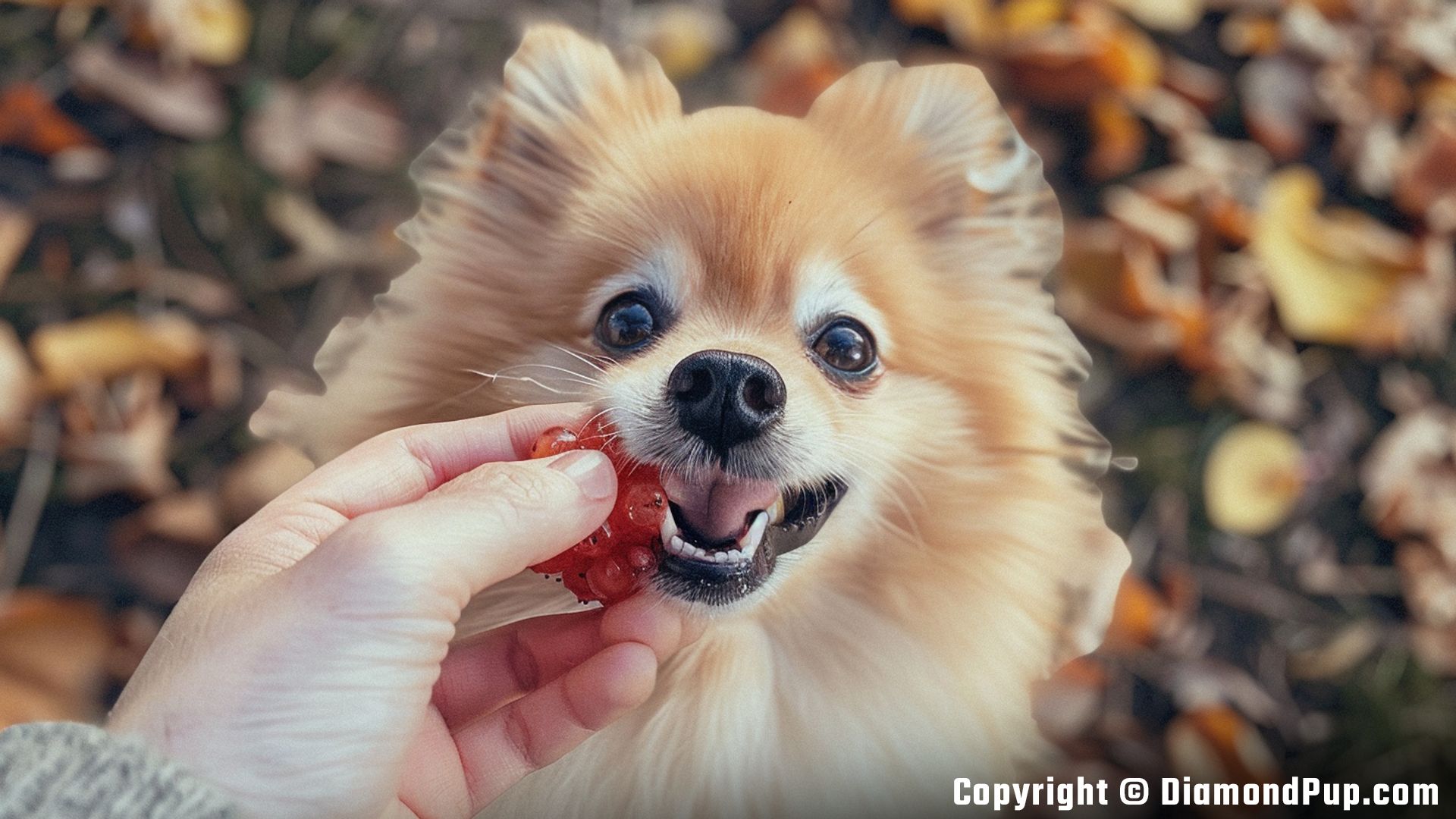 Photo of an Adorable Pomeranian Eating Peaches