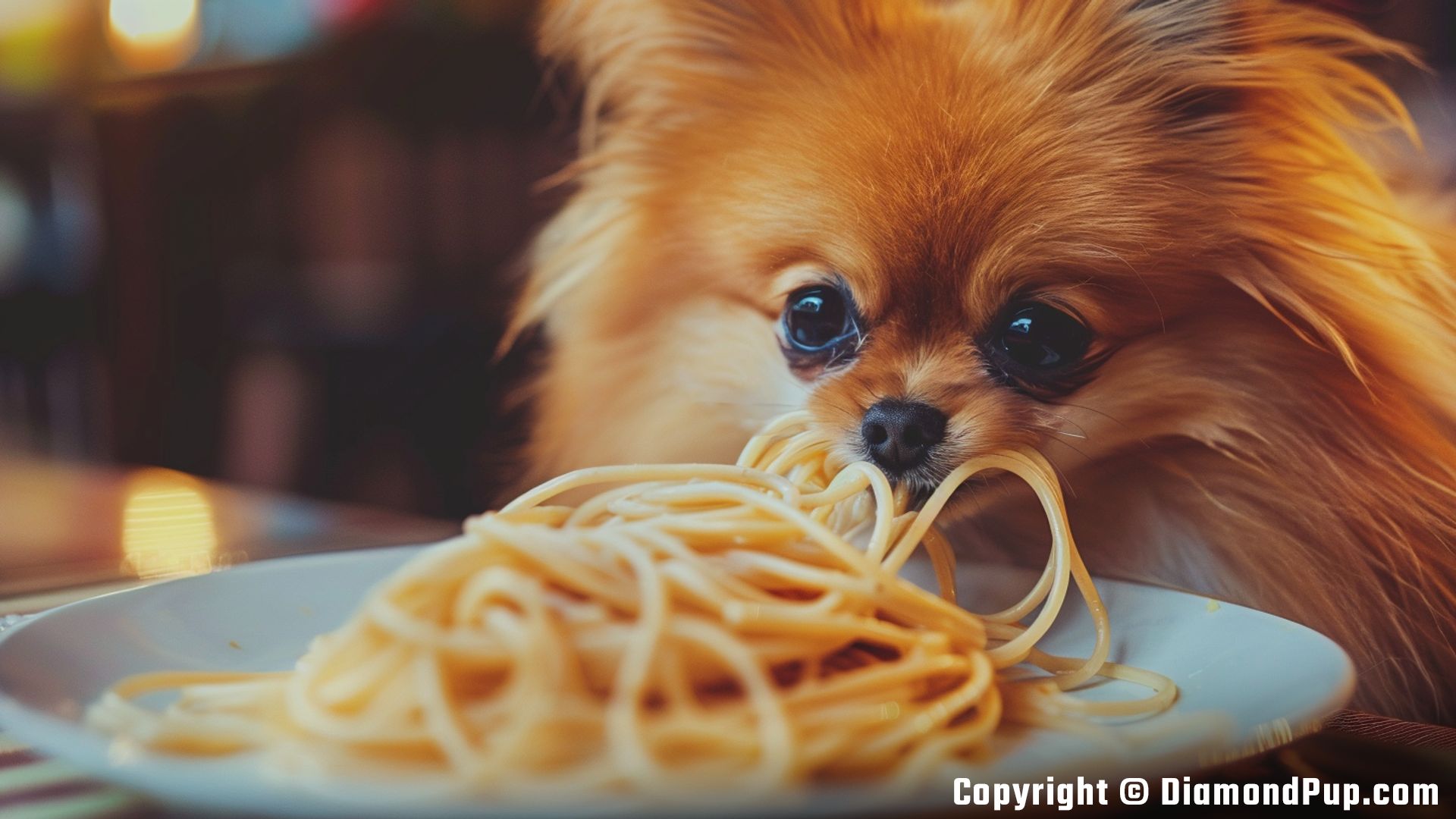 Photo of an Adorable Pomeranian Snacking on Pasta