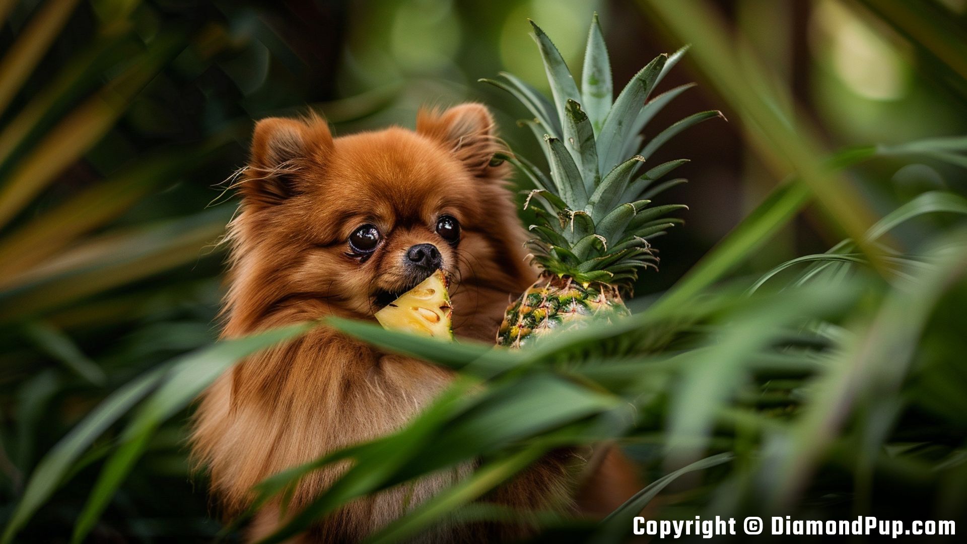 Photo of an Adorable Pomeranian Snacking on Pineapple