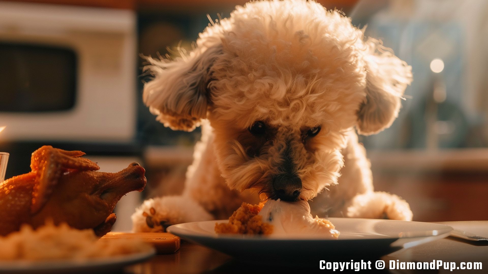 Photo of an Adorable Poodle Eating Chicken