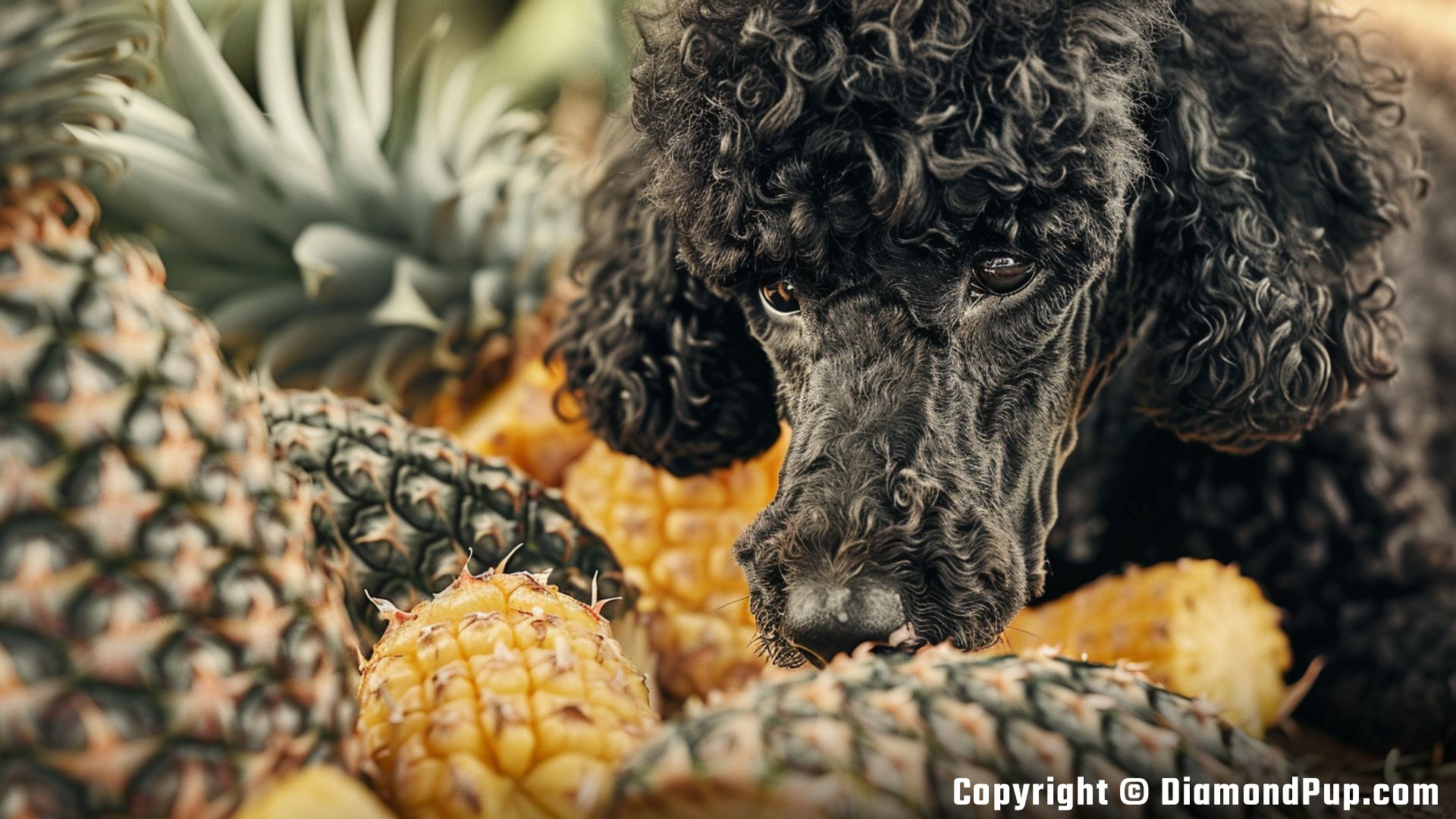 Photo of an Adorable Poodle Eating Pineapple