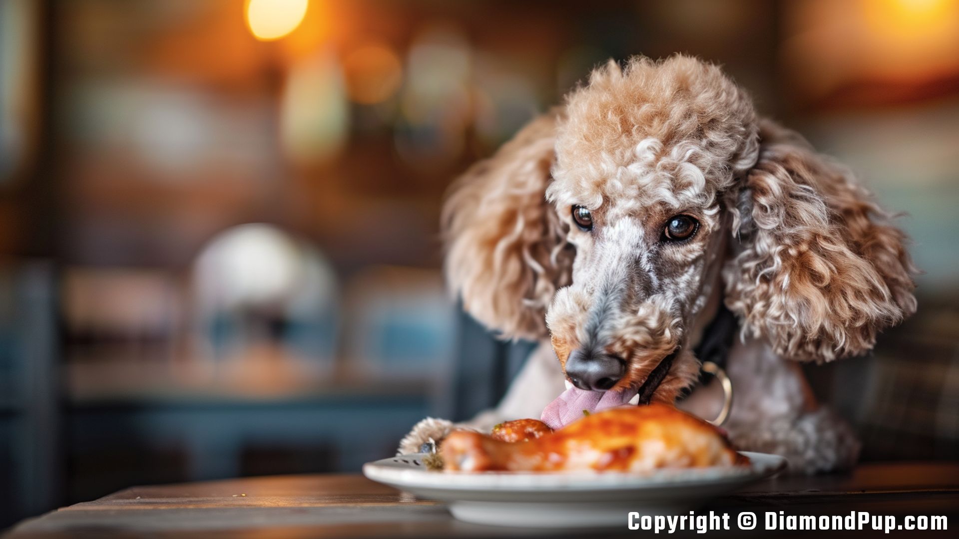 Photo of an Adorable Poodle Snacking on Chicken