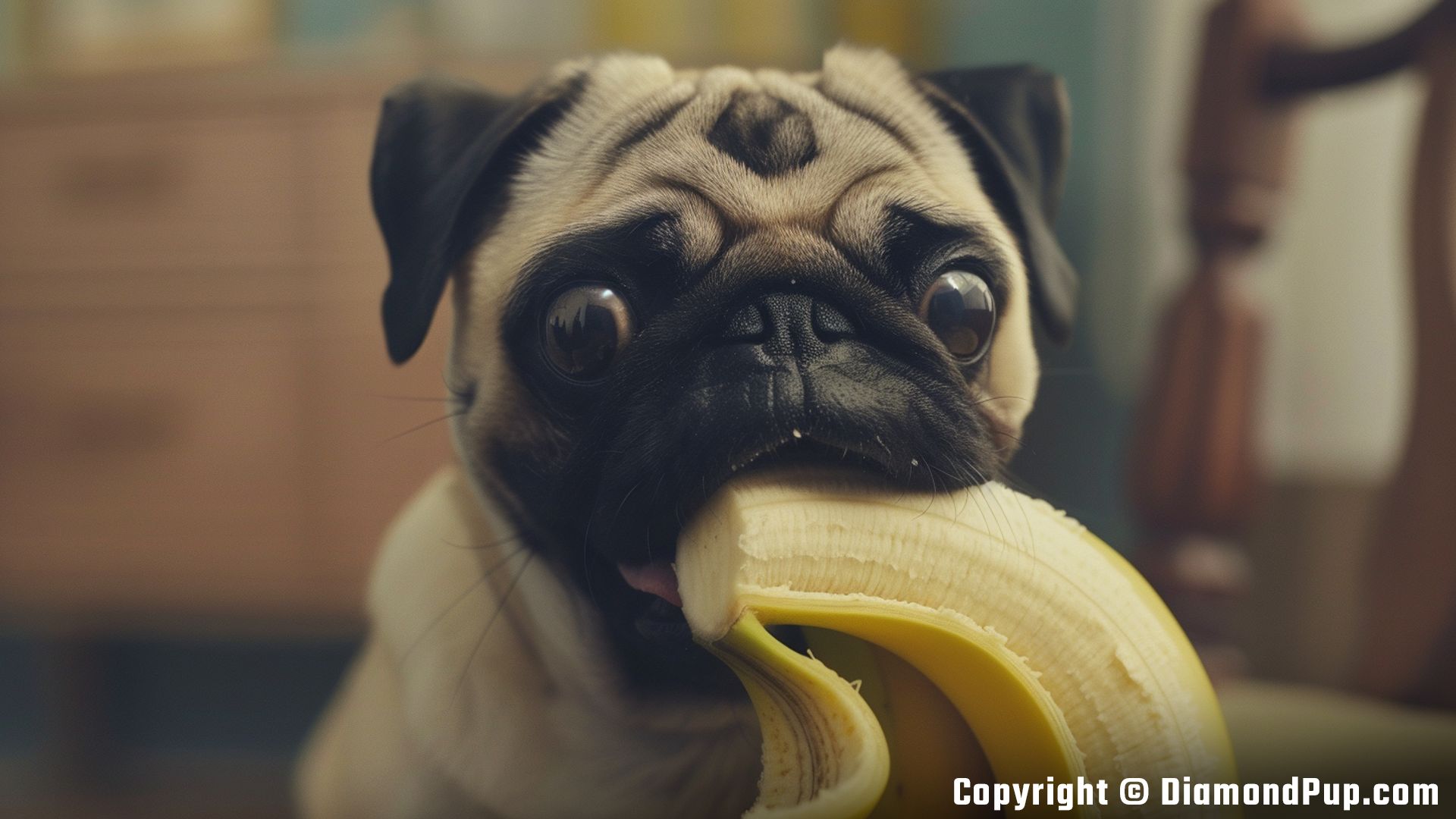 Photo of an Adorable Pug Snacking on Banana