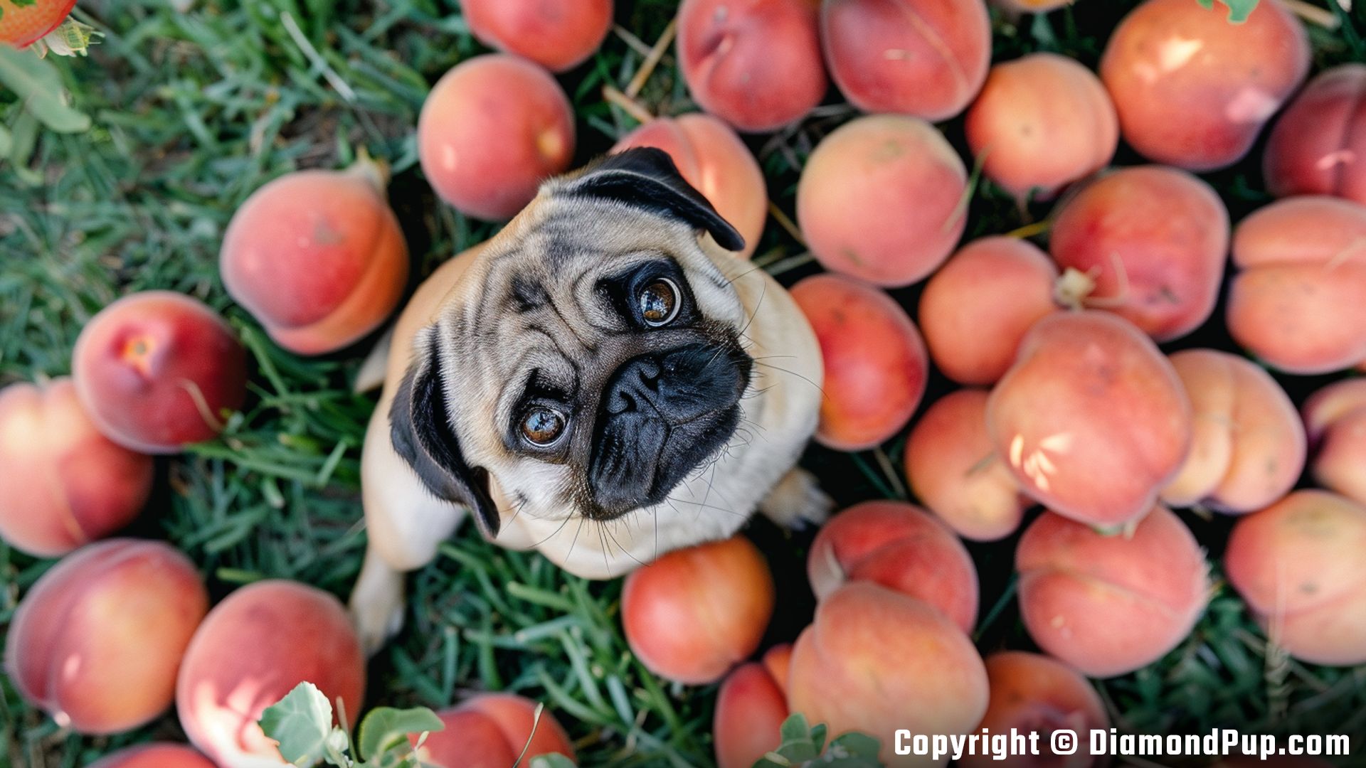 Photo of an Adorable Pug Snacking on Peaches