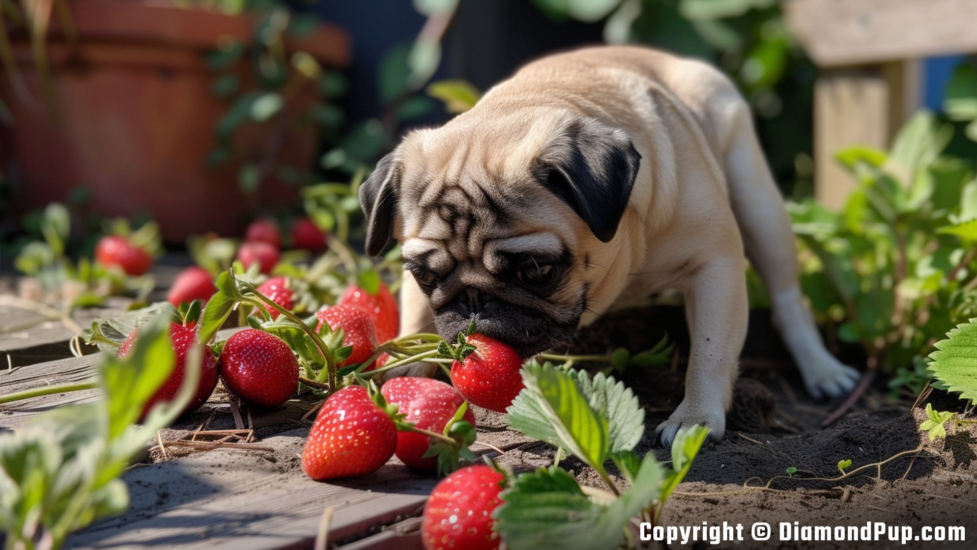 Photo of an Adorable Pug Snacking on Strawberries