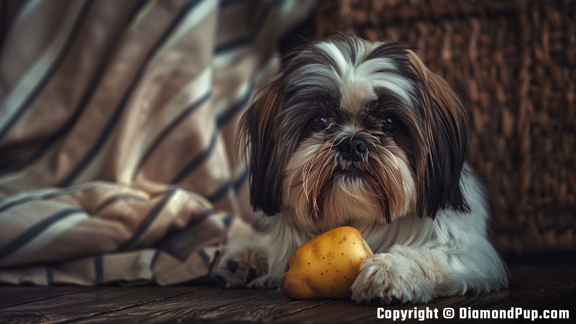 Photo of an Adorable Shih Tzu Eating Potato