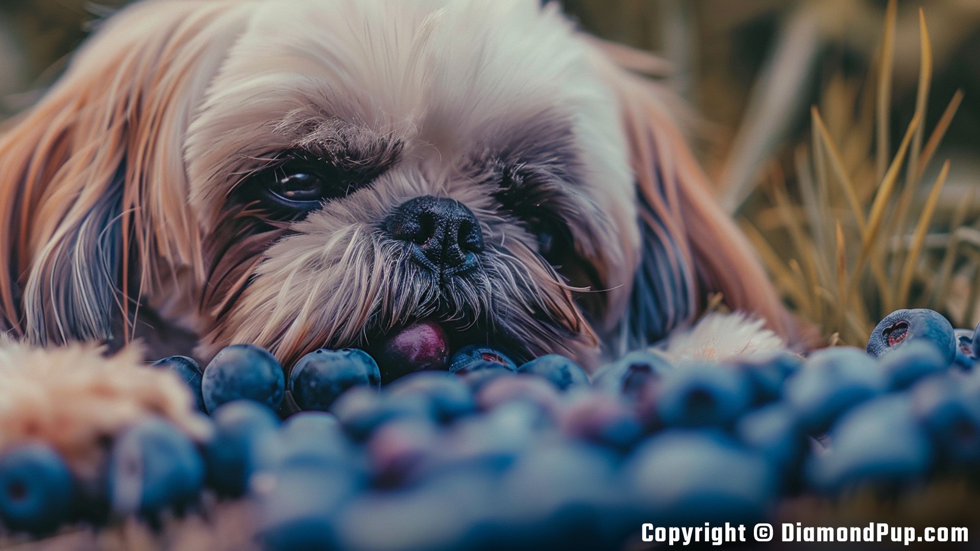 Photo of an Adorable Shih Tzu Snacking on Blueberries
