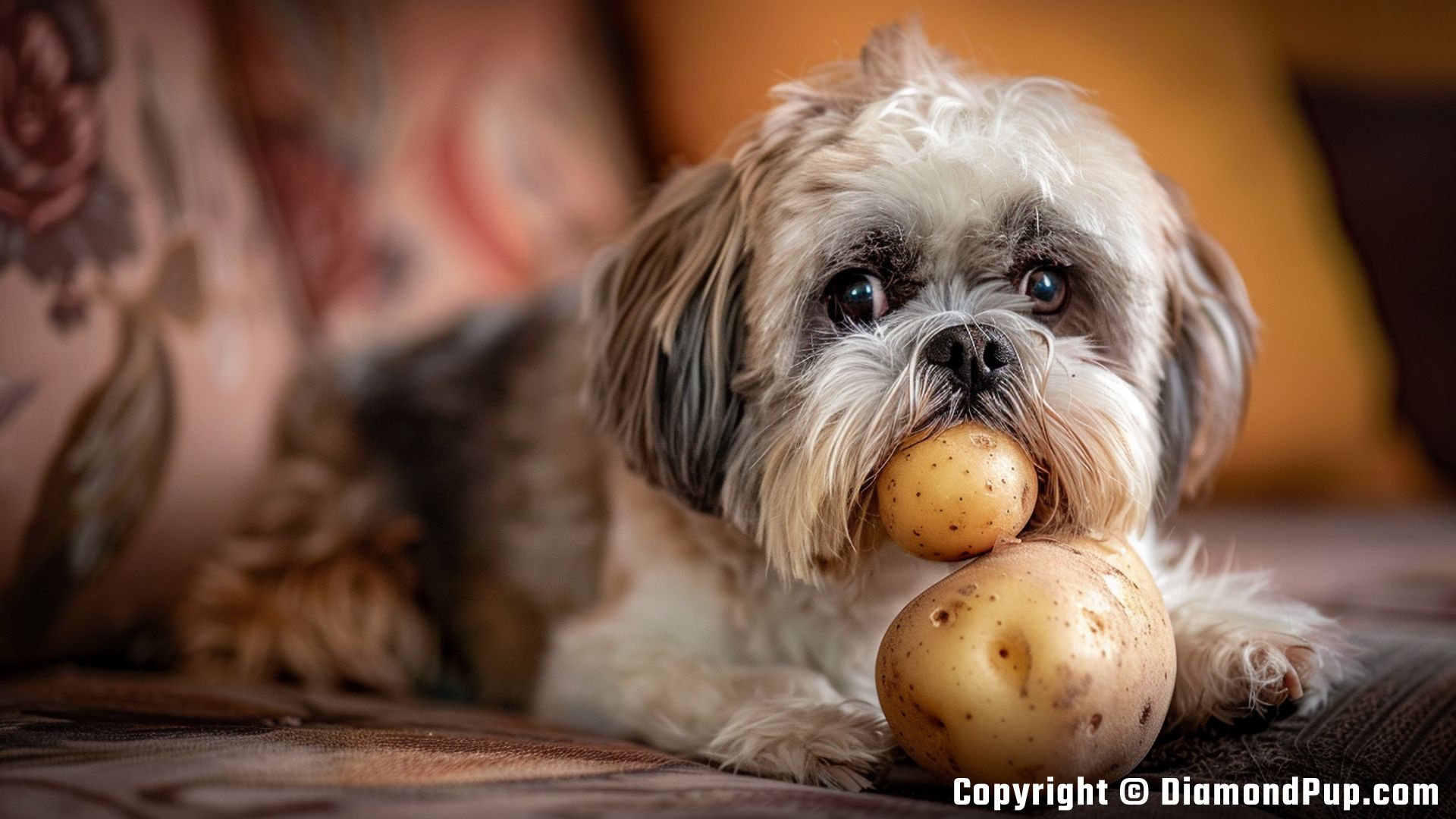 Photo of an Adorable Shih Tzu Snacking on Potato