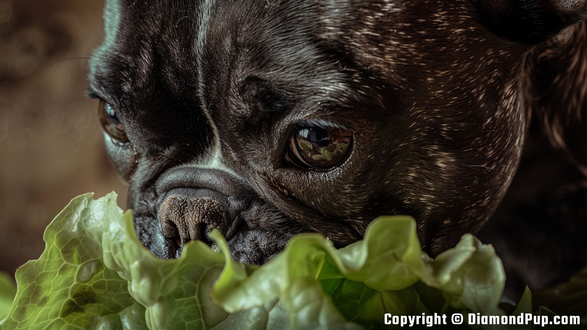 Photo of French Bulldog Eating Lettuce