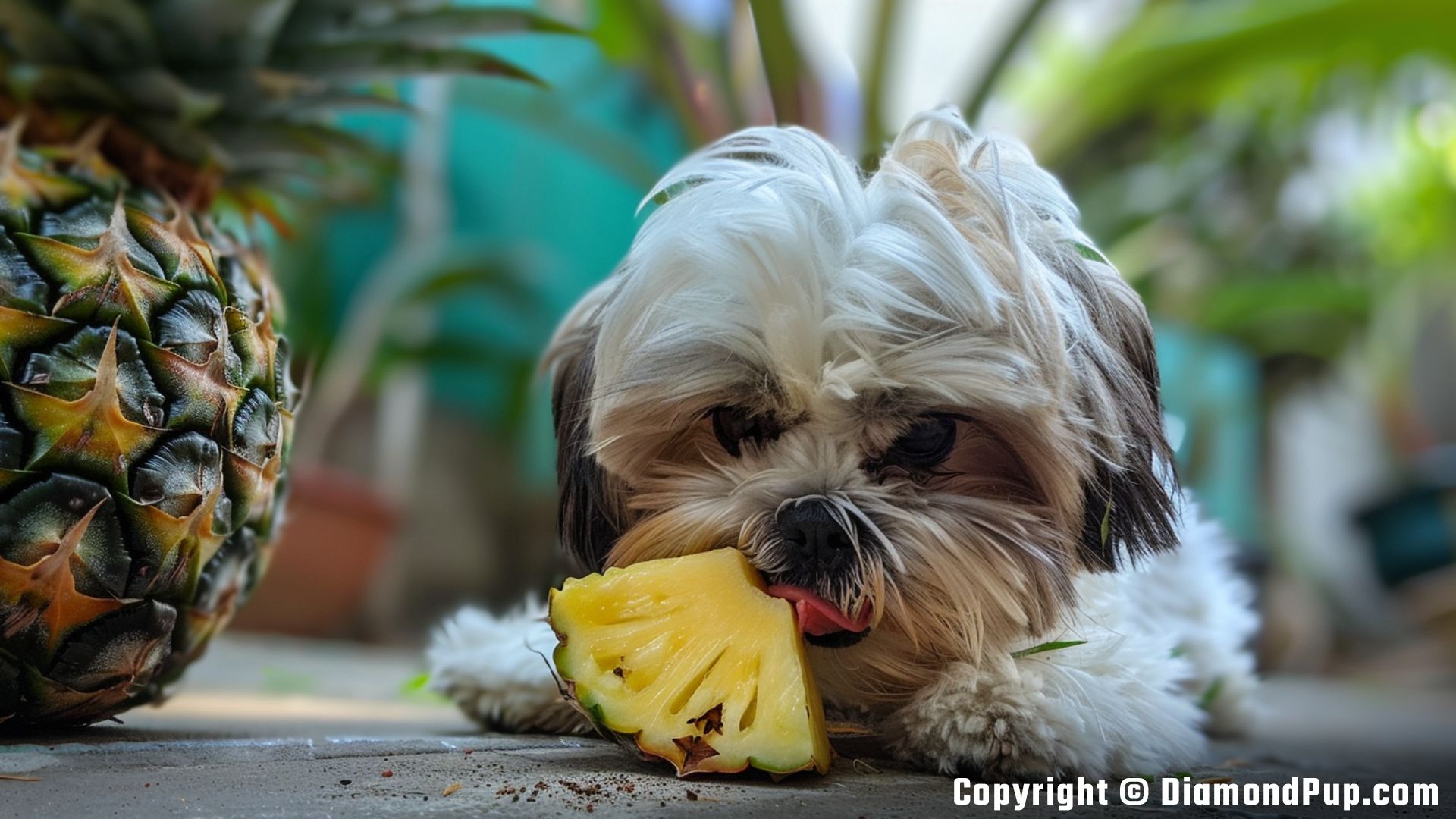 Photo of Shih Tzu Eating Pineapple
