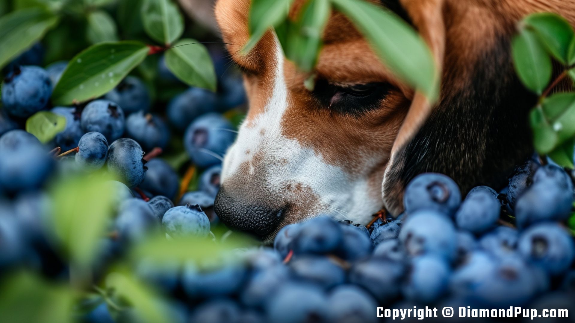 Photograph of a Cute Beagle Eating Blueberries