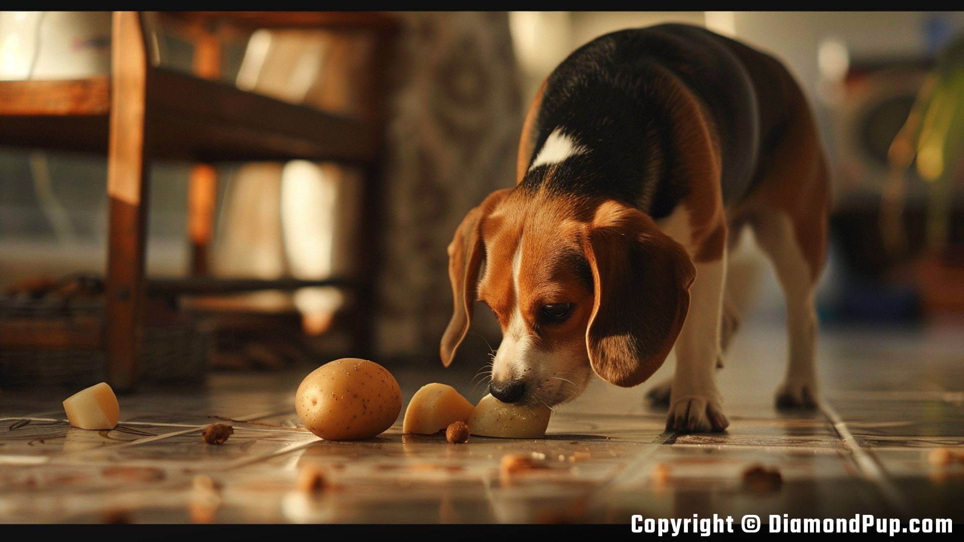 Photograph of a Cute Beagle Eating Potato