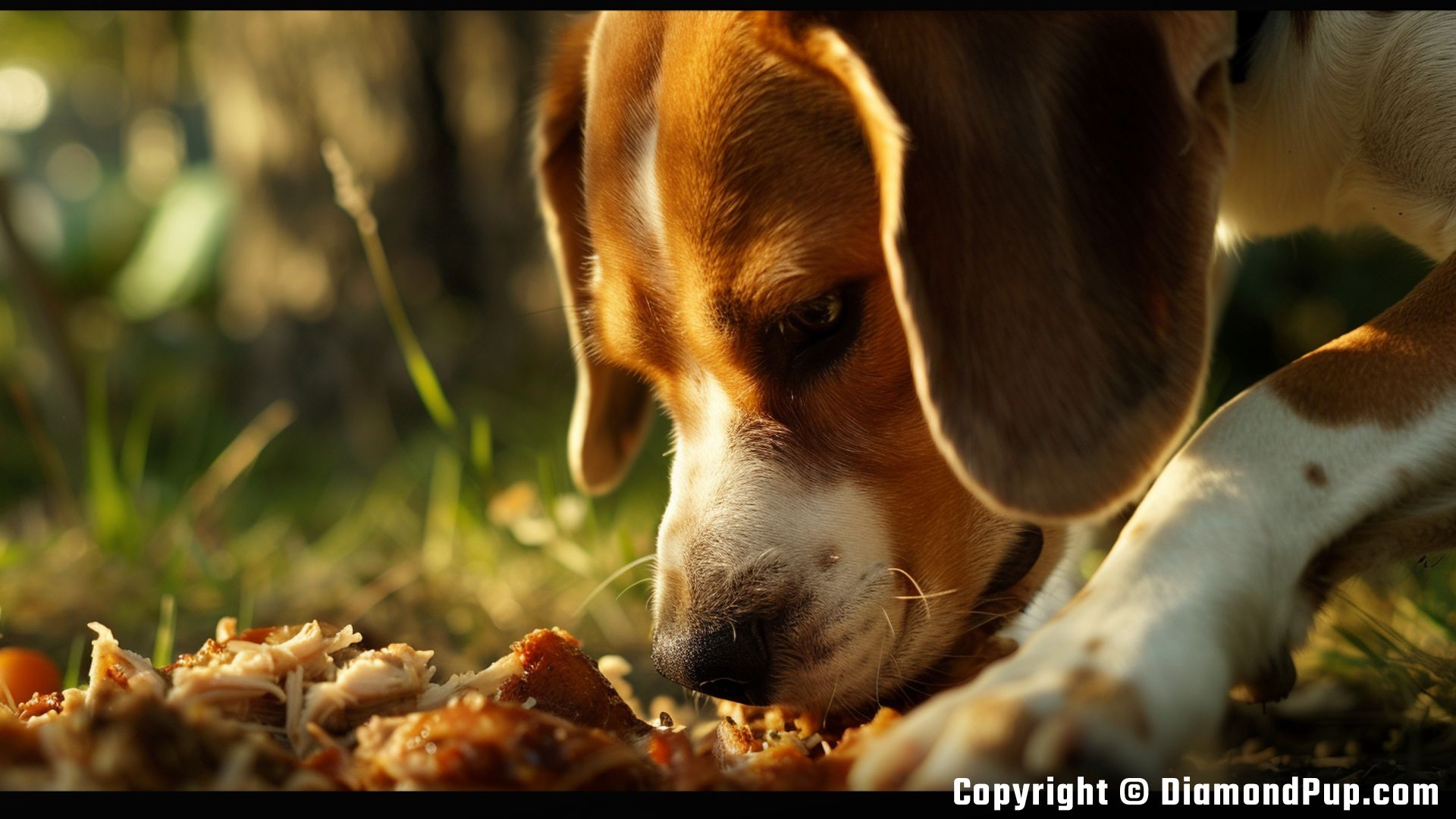 Photograph of a Cute Beagle Snacking on Chicken