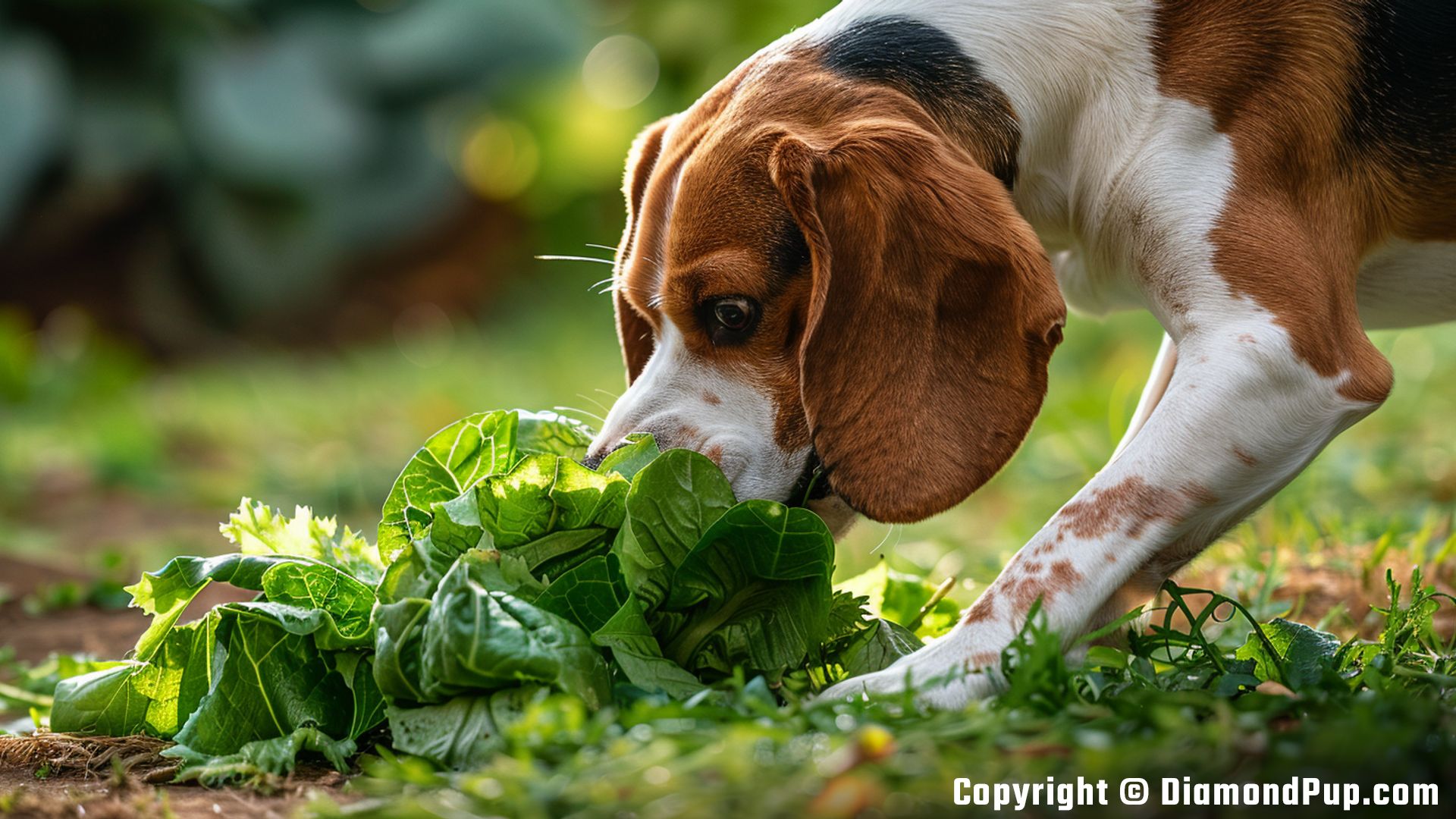 Photograph of a Cute Beagle Snacking on Lettuce
